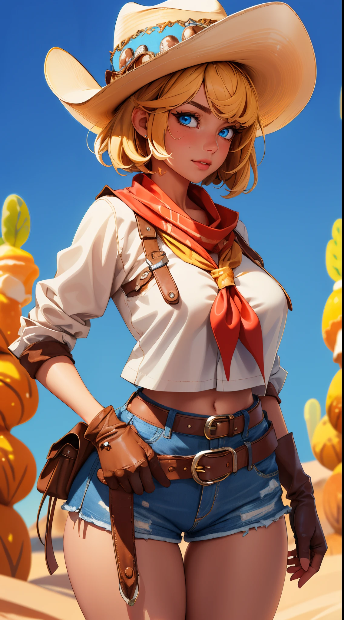 rear view, backside view,(masterpiece, best quality:1.4), absurdres, highres, ultra detailed, beautiful, 1girl, (cowboy, cowboy western, cowboy hat:1.4), (perfect face, detailed face, beautiful:1.3), (blue eyes, golden hair, bangs, hair intakes, short hair), (natural breasts, cleavage), collarbone, brown vest ,collared shirt, fingerless gloves, gloves, hat, navel, neckerchief, red neckerchief, revolver, short shorts, shorts, thick thighs, thighs, multiple belts, (desert:1.4),