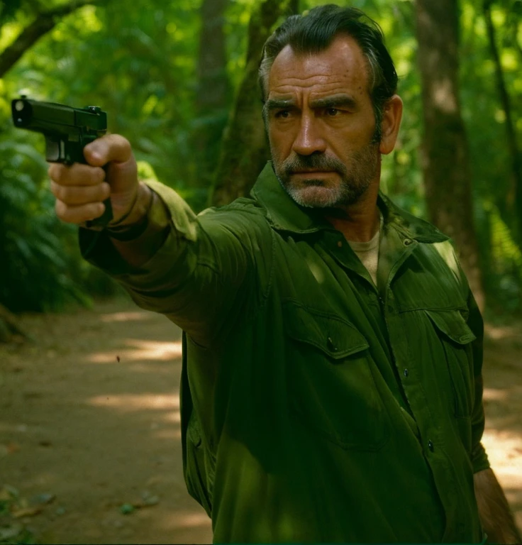 There&#39;s a man in the forest with a gun in his hand, a photo by John Mossman, flickr, stuckism, Sean Connery(big boss), timothy dalton, movie「Hard Target」で (1993), walter, Marton Sokas, James Bond film stills, Shot from a movie, Action thriller, actor, action movie still