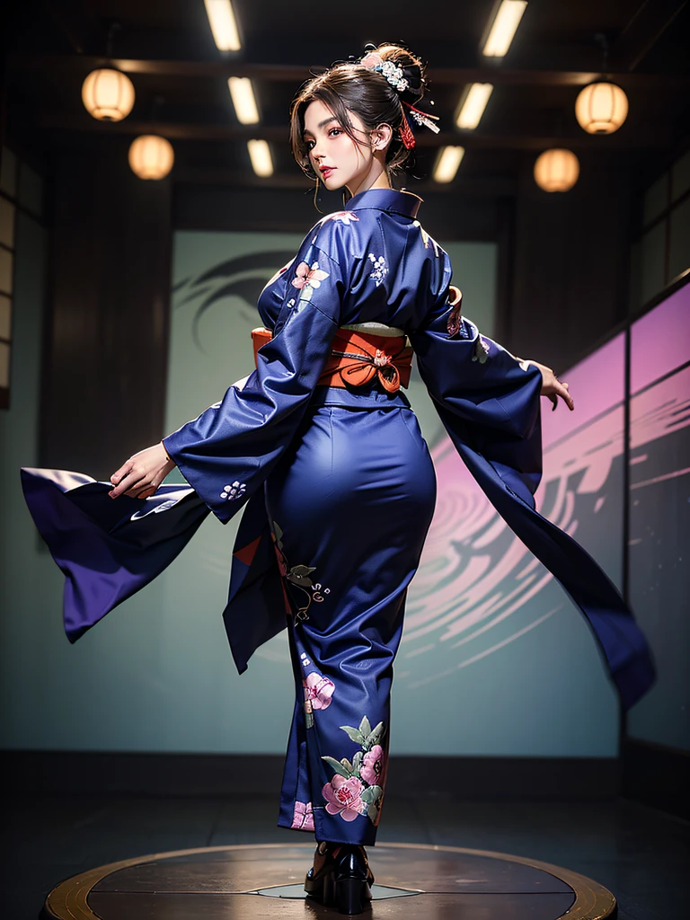 (Beautiful model in Japanese kimono commercial, beautiful straight long black hair), solo, ((face is 80% beauty and elegance, 20% pretty and cute:1.5)), clear eyes, (detailed eyes, light green eyes, bright pupils), Double Eyelids, (sexy lips with a little thickness:1.2), ((super detailed and incredibly high resolution Deep-purple Kimono:1.2)), Highly Detailed Face Texture, striking body shape, curvy and very attractive woman, high-resolution RAW color photo pro photo, BREAK ultra high-resolution textures, High-res body rendering, big eyes, unparalleled masterpiece, incredible high resolution, super detailed, stunning ceramic skin, BREAK ((Facing back to show the pattern of the Kimono:1.5)), ((Wearing a Yohen-Tenmoku kimono that uses a lot of glittering Deep-purple:1.5)), ((The main color is Deep-purple and the Yohen-Tenmoku Kimono has very colorful embroidery:1.2)), (Half-collar and Obi are White) ,(elaborately made classical Japanese Yohen-Tenmoku Kimono), ((The embroidery pattern is a Yohen Tenmoku pattern reminiscent of outer space):1.2), ((elaborately and elegantly decorated Deep-purple Kimono)), (Taken in front of a round fusuma window in a Japanese-style room)) BREAK ((Best Quality, 8k)), Crisp Focus:1.2, (Layer Cut, Big:1.2), (Beautiful Woman with Perfect Figure:1.4), (Beautiful and elegant rear view:1.3), Slender waist, (Correct hand shape:1.5), (Full body shot | cowboy shot)