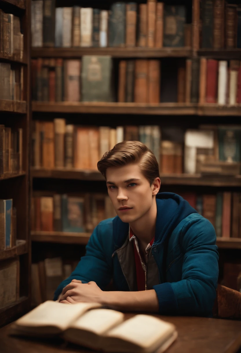 A photo of Nathan at a vintage book store, angrily flipping through a stack of books,Life is Strange video game series,Nathan is a age boy with blue eyes, slicked back light brown hair, light freckles, wears a red letterman jacket, mean expression