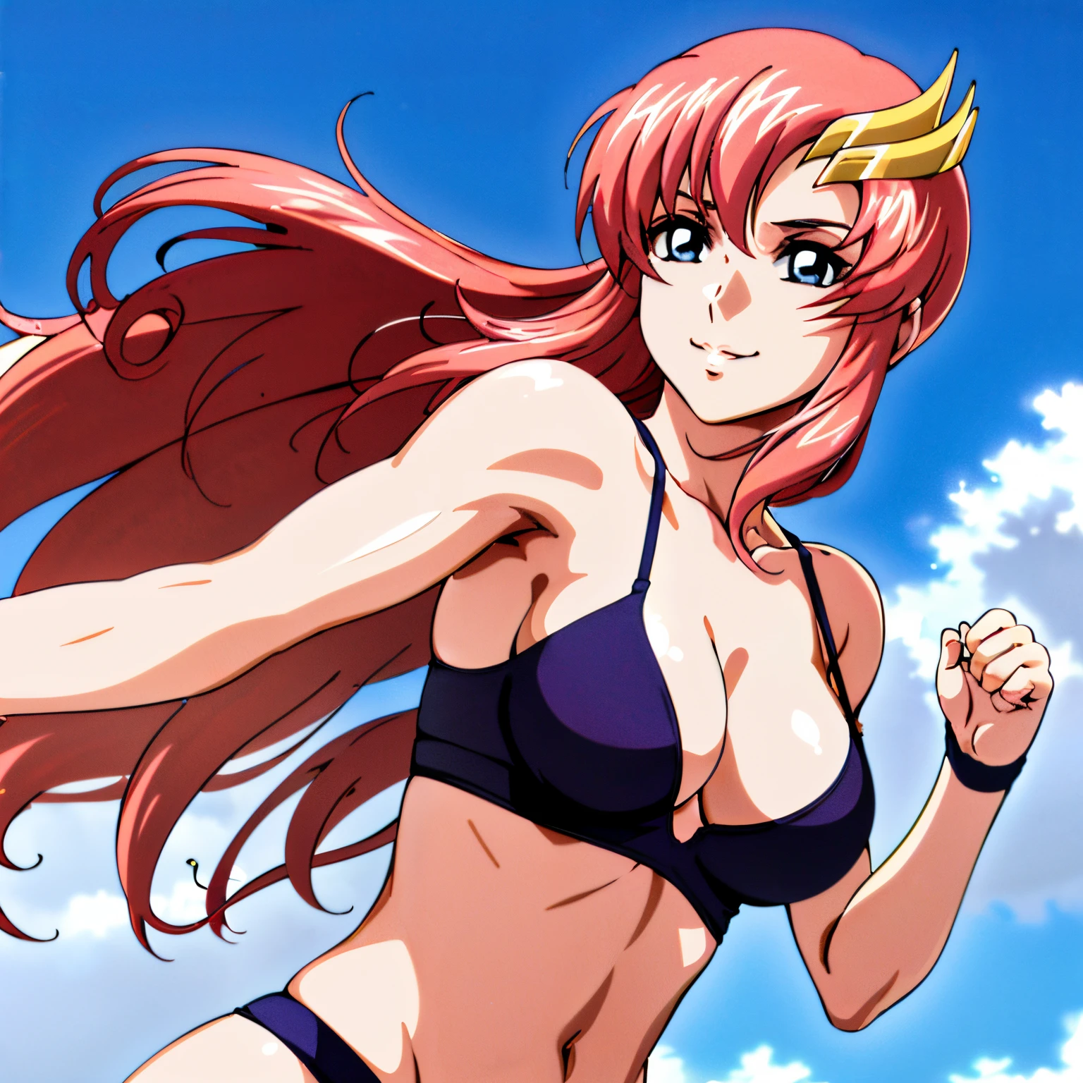(masterpiece, upper body view, 4K, Best Quality, Anime style: 1.9, far view, Adult Woman, ultra detailed face, (cloud background, wrestling), Drawing lines, high resolution, Anime, lacus4), 1girl, Solo, curvy figure, Long hair, 鎖骨, scapular, (Detailed wide hair bangs, Hair Ornament, Detailed reddish-pink hair, shiny streaks, hair cover shoulders, golden crest), cleavage, large hands, (female wrestler). (Big blue eyes, shiny eyes), ((female wrestler, (slim body), little biceps, closed fists, groin)), ((perfect proportions, medium breasts, long belly)), (((double bra, neck band))), happy, smile, closed mouth, (standing, looking at the viewer)