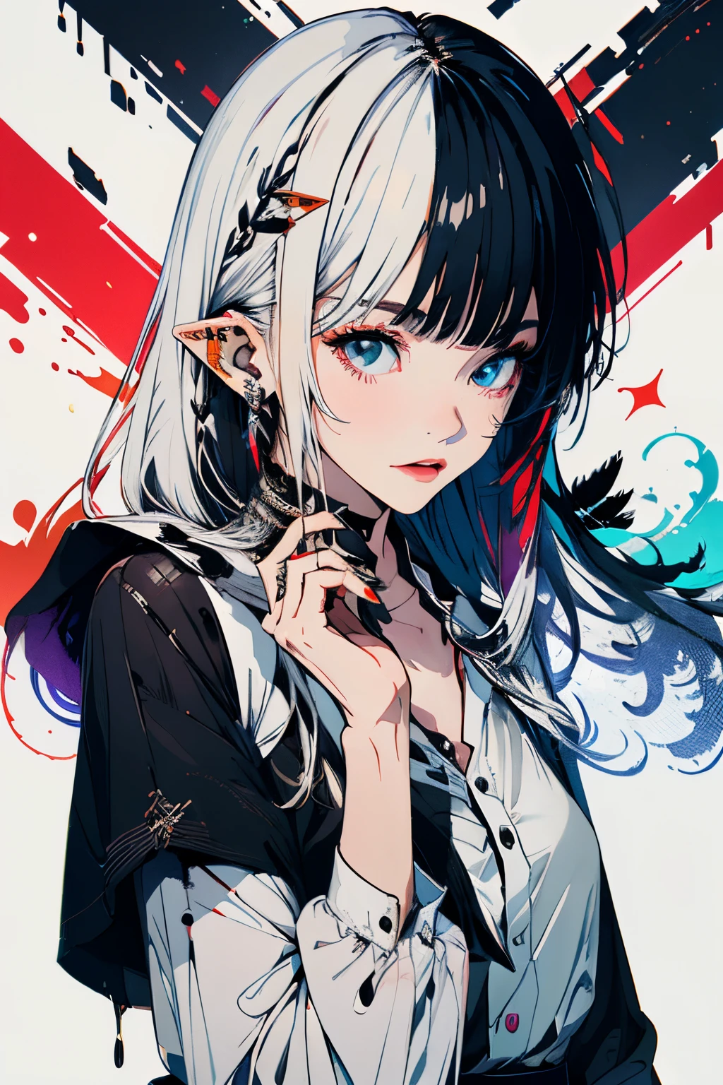 , (masterpiece:1.2), best quality,midjourney,
1girl, solo, long hair, white hair, looking at viewer, long sleeves, black dress, dress, own hands together, ahoge, very long hair, shirt, bangs, red hair, hair ornament, heterochromia, multicolored hair, pointy ears, purple eyes, white background, white shirt, closed mouth