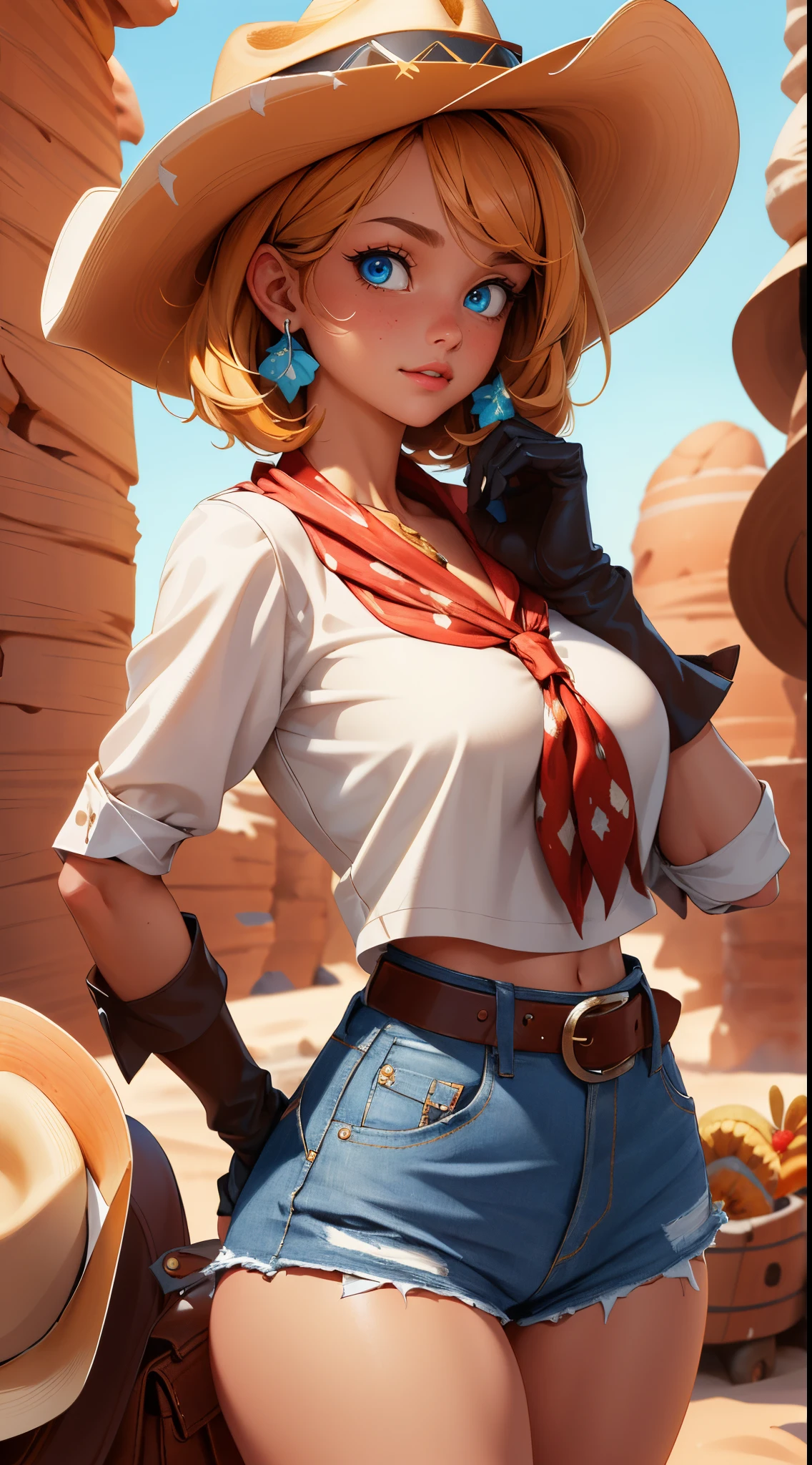 (rear view, backside view),(masterpiece, best quality:1.4), absurdres, highres, ultra detailed, beautiful, 1girl, (cowboy, cowboy western, cowboy hat:1.4), (perfect face, detailed face, beautiful:1.3), (blue eyes, golden hair, bangs, hair intakes, short hair), (natural breasts, cleavage), collarbone, brown vest ,collared shirt, fingerless gloves, gloves, hat, navel, neckerchief, red neckerchief, revolver, short shorts, shorts, thick thighs, thighs, multiple belts, (desert:1.4),More detailed 8K.motor irreal:1.4,UHD,La mejor calidad:1.4, fotorrealista:1.4, textura de la piel:1.4, obra maestra:1.8,obra-prima, mejor calidad,objeto Objeto], (detailed face features:1.3),(manos detailed).
