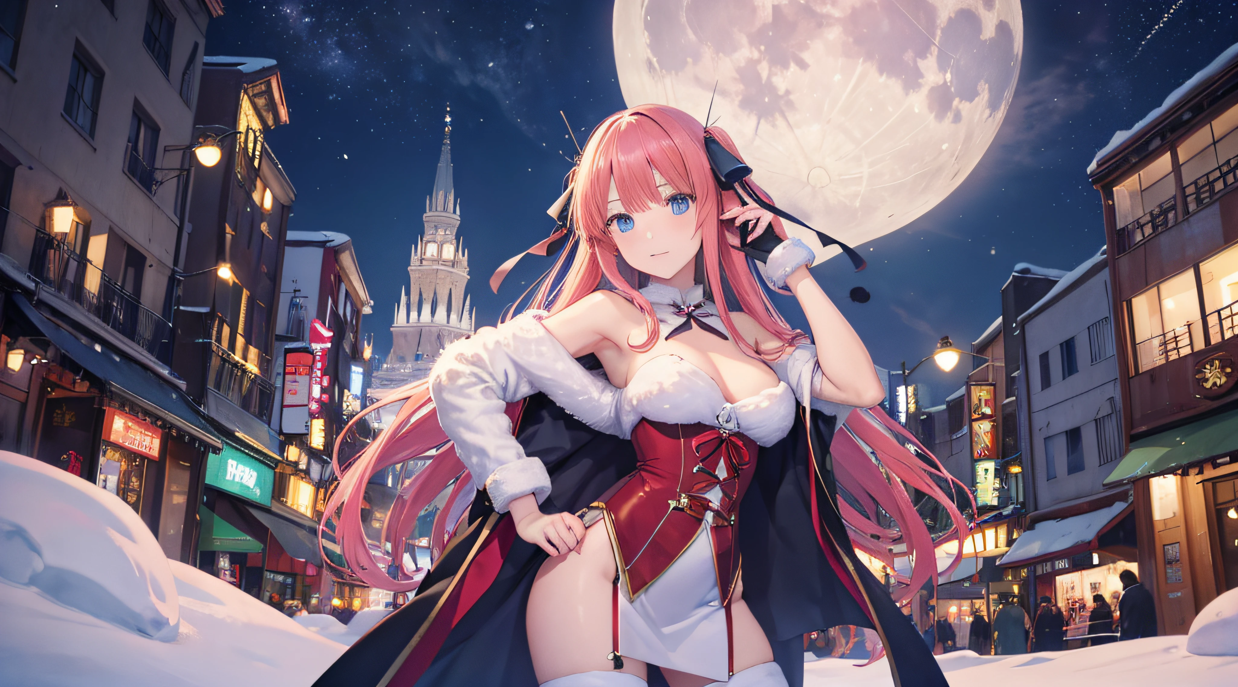Nino Nakano,Pose sexy,traje de navidad bajo la luna ,ciudad nevada