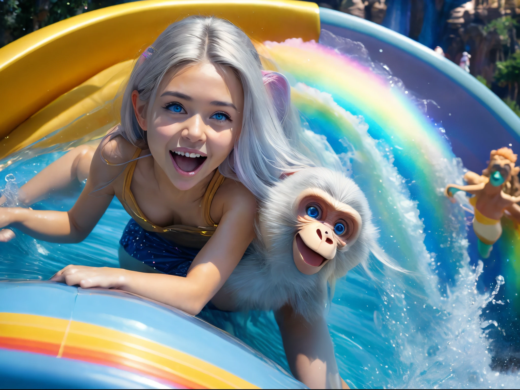 (masterpiece), realistic, cinematic light, 15yo girl, ride a water slide with the stuffed monkey, splash, in Disneyland, ultra miniskirt, full body, from below and side, beautiful eyes, silver hair, perfect anatomy, very cute, (blue eyes) , bioluminescence, 8 life size,8k resolution, human hands, elegant, approaching perfection, dynamic, highly detailed, character sheet, concept art, smooth, detailed hairstyle, fractal art, god ray, her eyes tear up as she hold back the pain, open mouth and stick out tongue, UFO, rainbow, naked