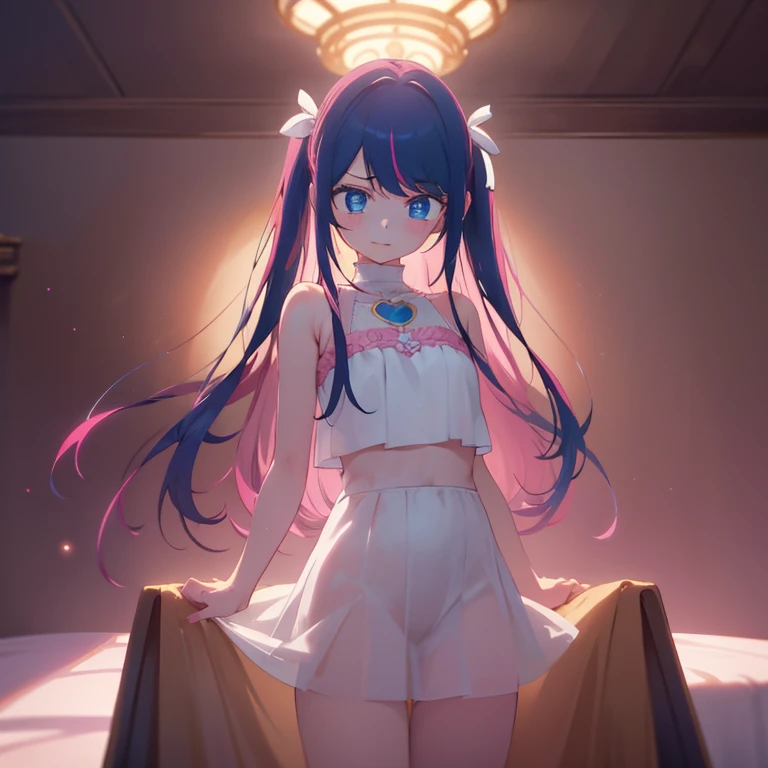 Beautiful illustration, Best Quality, (cute petit girl：1.3)、 (underground room), flat chest、Clean naked, Long crimson double-sided upholstery, Beautiful blue eyes, Cinematic lighting, Face to feel,(Long pink hair)、pink twintails、Large white ribbon。barechested。is in estrus、Sweating a lot、放尿している、White ribbon、Girl with a collar、I want to have sex、be caught、Open thighs