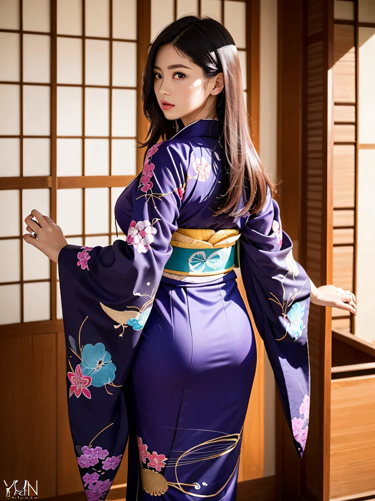 (Beautiful model in Japanese kimono commercial, beautiful straight long black hair), solo, ((face is 80% beauty and elegance, 20% pretty and cute:1.5)), clear eyes, (detailed eyes, light green eyes, bright pupils), Double Eyelids, (sexy lips with a little thickness:1.2), ((super detailed and incredibly high resolution Deep-purple Kimono:1.2)), Highly Detailed Face Texture, striking body shape, curvy and very attractive woman, high-resolution RAW color photo pro photo, BREAK ultra high-resolution textures, High-res body rendering, big eyes, unparalleled masterpiece, incredible high resolution, super detailed, stunning ceramic skin, BREAK ((Facing back to show the pattern of the Kimono:1.5)), ((Wearing a Yohen-Tenmoku kimono that uses a lot of glittering Deep-purple:1.5)), ((The main color is Deep-purple and the Yohen-Tenmoku Kimono has very colorful embroidery:1.2)), (Half-collar and Obi are White) ,(elaborately made classical Japanese Yohen-Tenmoku Kimono), ((The embroidery pattern is a Yohen Tenmoku pattern reminiscent of outer space):1.2), ((elaborately and elegantly decorated Deep-purple Kimono)), (Taken in front of a round fusuma window in a Japanese-style room)) BREAK ((Best Quality, 8k)), Crisp Focus:1.2, (Layer Cut, Big:1.2), (Beautiful Woman with Perfect Figure:1.4), (Beautiful and elegant rear view:1.3), Slender waist, (Correct hand shape:1.5), (Full body shot | cowboy shot)