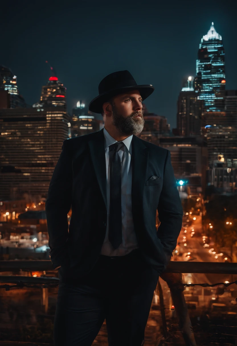 A photo of a stunning city skyline at dusk,original,Overweight, wears fedora, neck beard, bad skin, bloodshot eyes, bad hygiene, greasy hair