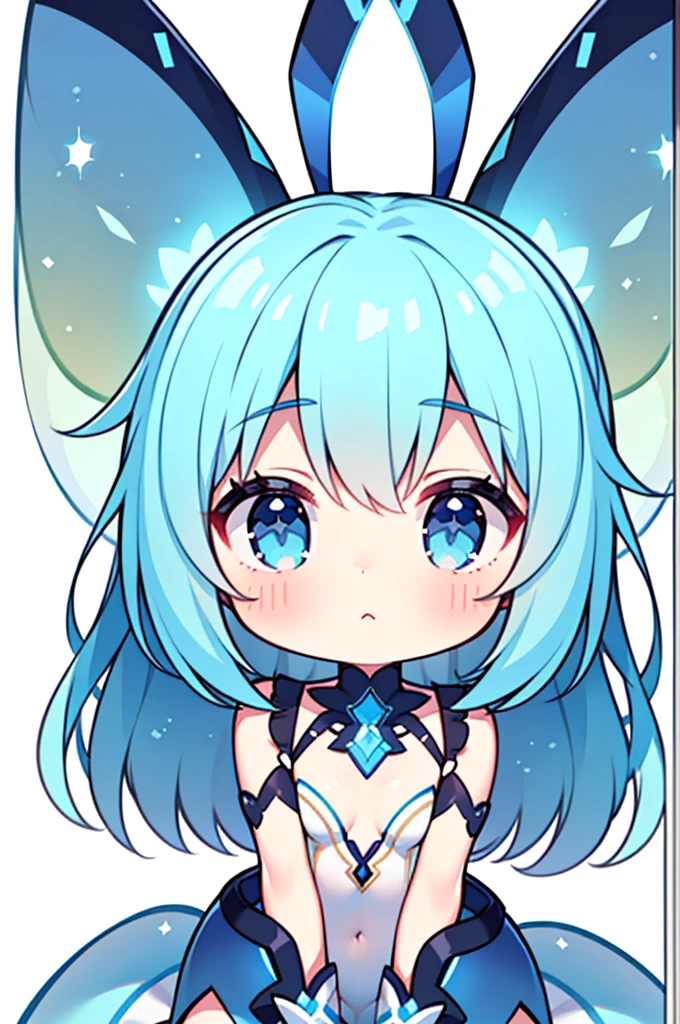 (full body Esbian)、sideways Facing、Best AI Image Generation Creator、Good anatomy,Skin Texture、Beautiful, Minimalistic colors, fascinating and elegant,Glowing light, Transparent(1girl in),fairy wings, Blue hair, Translucent blue outfit, White background、kirakira