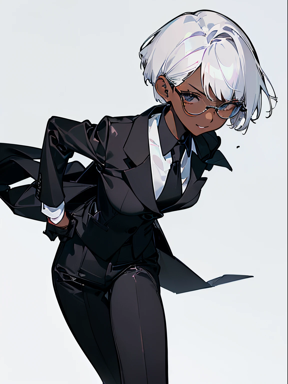 (top-quality、​masterpiece:1.2) 1womanl、Adults、((dark skinned female、long white short hair、Hair hanging over the ears)) ((White office background)) eye glasses、((Black business suit、Black tailored jacket、white  shirt、Black pantsuit、Black leather gloves)) (Standing with your center of gravity on one leg) (Vicious look、Vulgar smile)