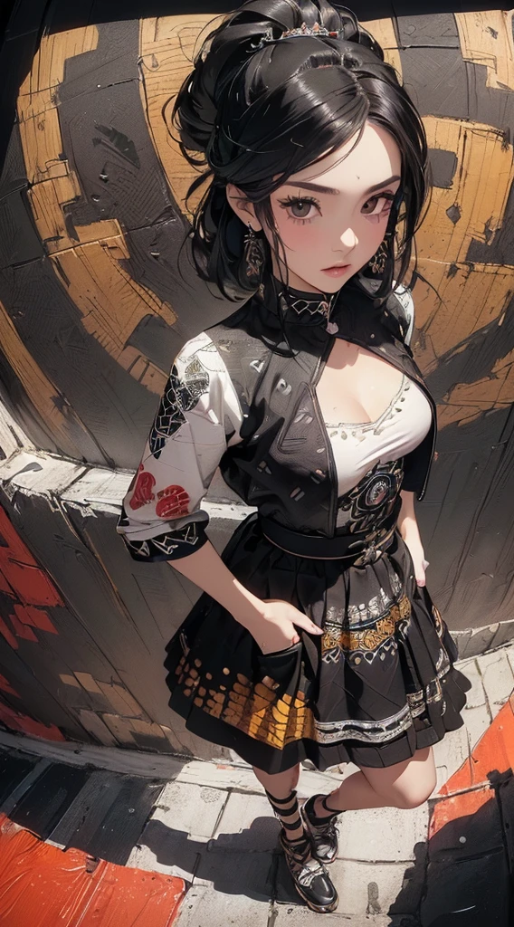 (((8k wallpaper of extremely detailed CG unit:1.2, masterpiece, hight resolution:1.2, top-quality:1.2, masutepiece))), ((a very beautiful woman, Hands in pockets:1.8, Grunge Fashion:1.2, Wear a jacket:1.2, wearing skirt, Wearing shoes)), ((extra detailed face, Highly detailed black eyes, extra detailed body, Top quality real texture skins)), (A dark-haired, length hair, de pele branca, Small:1.2), ((Colorful geometric patterns are painted all over the wall..., Colorful wall)), (high-angle:1.2, Fisheye:1.3), hyper realisitic, digitial painting,