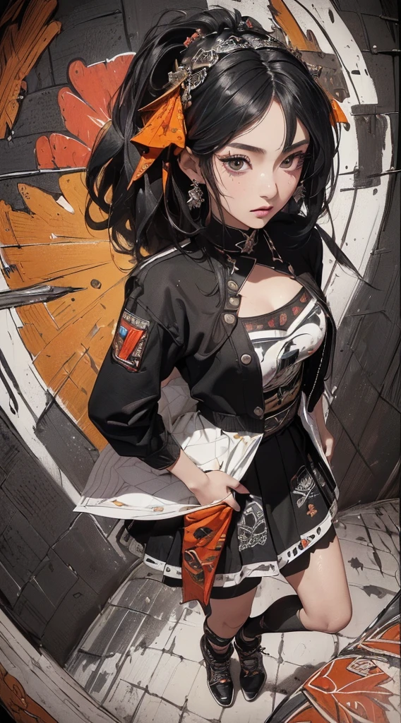 (((8k wallpaper of extremely detailed CG unit:1.2, ​masterpiece, hight resolution:1.2, top-quality:1.2, masutepiece))), ((a very beautiful woman, Hands in pockets:1.8, Grunge Fashion:1.2, Wear a jacket:1.2, wearing skirt, Wearing shoes)), ((extra detailed face, Highly detailed black eyes, extra detailed body, Top quality real texture skins)), (A dark-haired, length hair, de pele branca, Small:1.2), ((Colorful geometric patterns are painted all over the wall..., Colorful wall)), (high-angle:1.2, Fisheye:1.3), hyper realisitic, digitial painting,