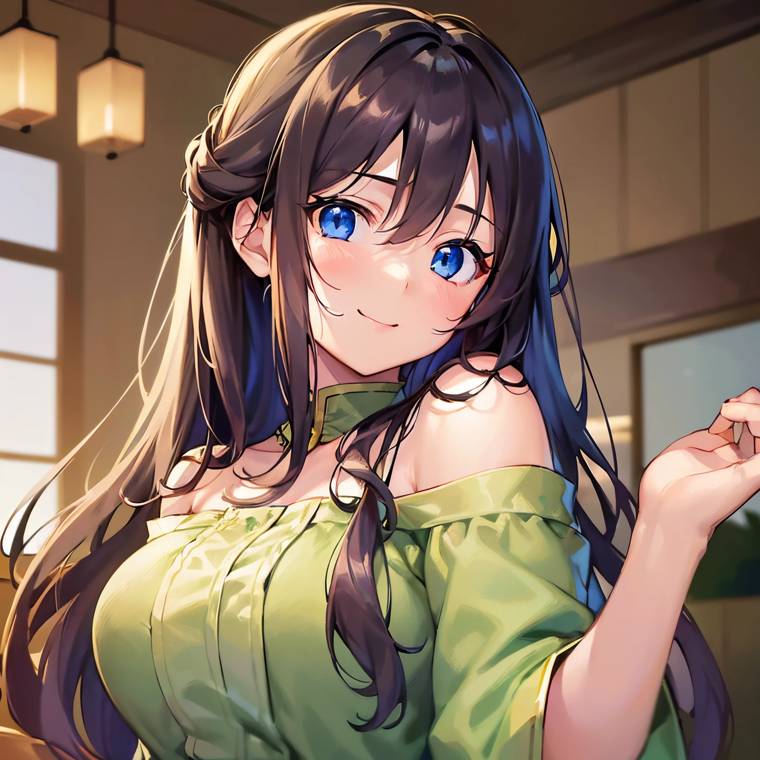 **​masterpiece、top-quality、25 year old woman with long brown hair and blue eyes、japanese comic book、Green off-the-shoulder blouse、Hands raised、(A shy and gentle smile:1.3)、(Staring:1.5)、(Close-up of the subject's face:1.3)、The background is the living room at night、Bold composition、Upper body is shown、Alone、**