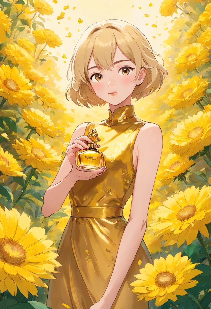 blond woman in gold dress holding a bottle of perfume in front of yellow flowers, inspired by Irene Bache, photoshoot for skincare brand, beauty campaign, inspired by Josef Abel, in style of kyrill kotashev, subtle details, by Zofia Stryjenska, karol bak uhd, shades of gold display naturally, inspired by Otto Stark