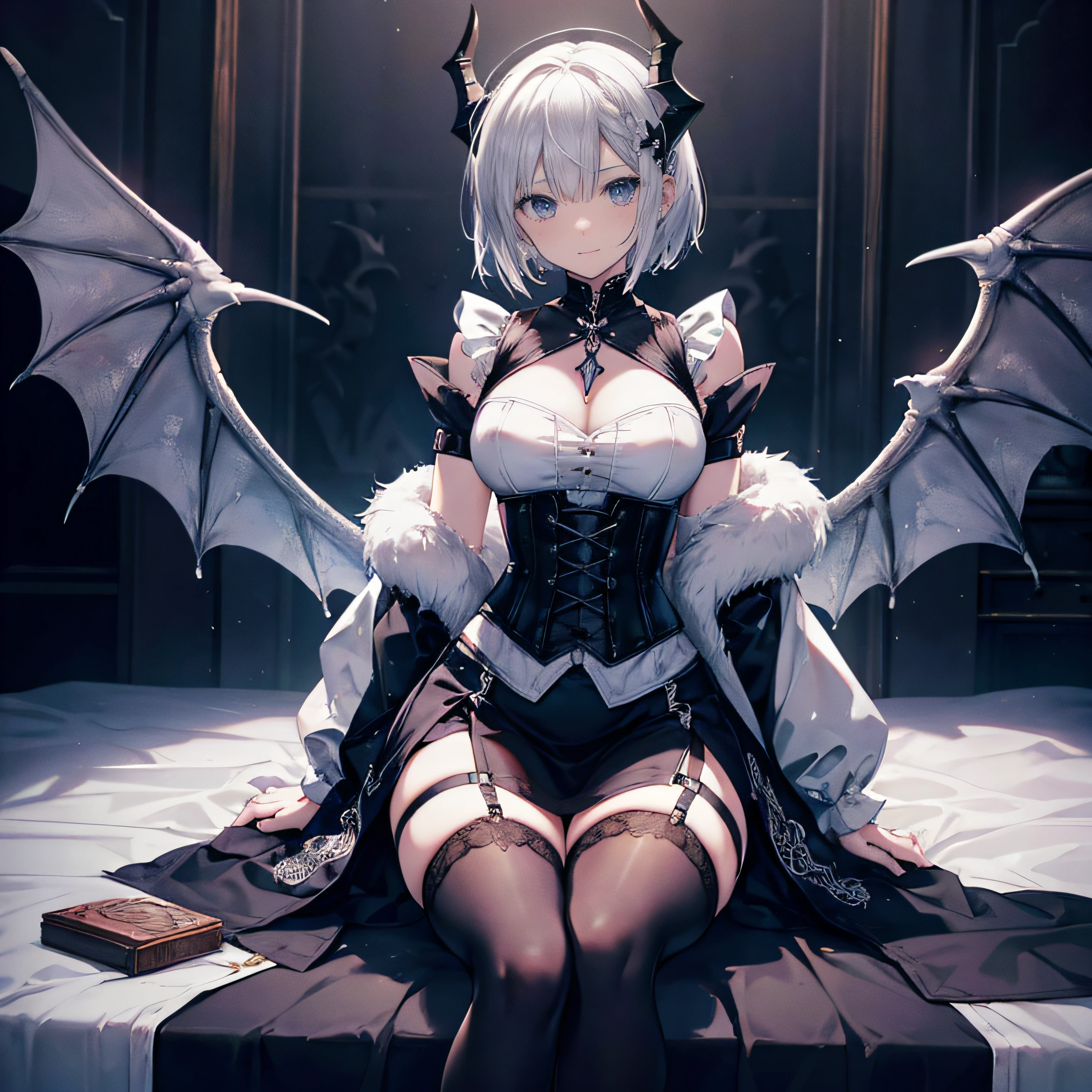 one-girl，Alone，A high resolution,Best Picture Quality， dungeons and dragons，rpg game style，beautiful dragon queen，silver bob short hair，french braid，Wearing a gothic corset，Gothic lingerie，High fork，Below are white tights，Willow waist，hip is cocked，a slender waist，Beautiful buttocks，Dragon's Horn，Silver white delicate sleeves，Silver iron boots，delicated face