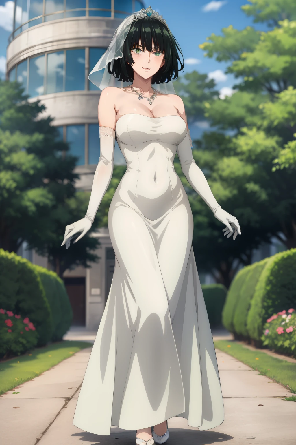masterpiece, mommy, best quality, highres, aarurutie,1girl, wedding dress, white dress,tiara, bridal veil, necklace, cleavage, strapless dress, white dress, white gloves, elbow gloves standing, garden, smile, open mouth, short dark green hair, curly hair, green eyes, full body shot