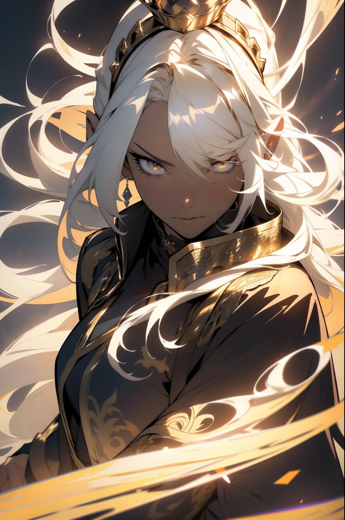 (looking at pov) highly detailed face, realistic face, (oversized clothes:1.2), miniskirt,  (dark coat with ornate golden embroidery, golden embellished), (white hair, golden streaks on hair), yellow eyes, thigh strap, (neo city), (clouds), add_detail:1, hair over one eye, largest_breasts!!, (ultra-detailed), hyper details, (intricate details), (cinematic light, best quality Backlights), from pov, perfect body, ), (crown: 1.1), Proud, high contrast, (best illumination, an extremely calm and beautiful),, brown skin, Daylight, 1girl, gold skin, jujutsu kaisen style, (masterpiece), best quality, Character casting a powerful magical spell., , Energy radiating from the character's body., Intense concentration on the character's face.