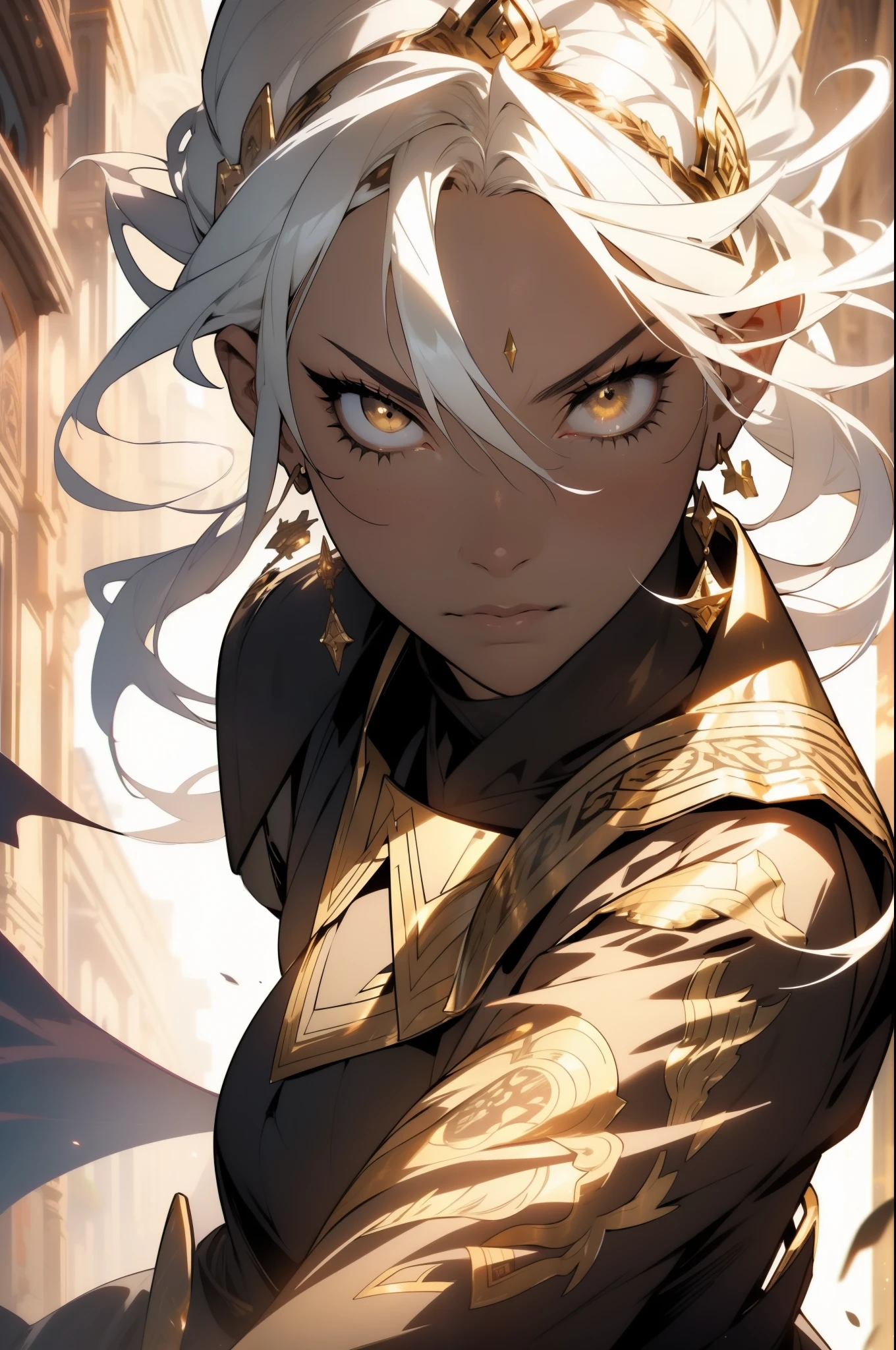 (looking at pov) highly detailed face, realistic face, golden katana, (oversized clothes:1.2), miniskirt,  (dark coat with ornate golden embroidery, golden embellished), (white hair, golden streaks on hair), yellow eyes, thigh strap, (neo city), (clouds), add_detail:1, hair over one eye, largest_breasts!!, (ultra-detailed), hyper details, (intricate details), (cinematic light, best quality Backlightrom pov, perfect body, ), (crown: 1.1), Proud, high contrast, (best illumination, an extremely calm and beautiful),, brown skin, Daylight, 1girl, gold skin, jujutsu kaisen style, (masterpiece), best quality