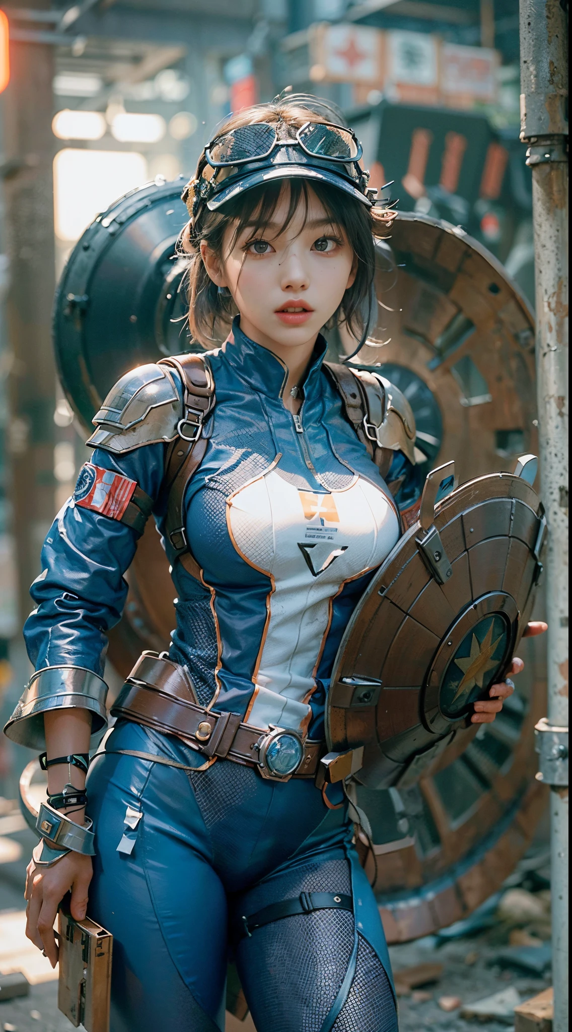 (1个Giant Breast Girl:1.3), Alone, __body parts__, offcial art, unified wallpaper 8k, ultra-detailliert, Beautiful and beautiful, The beautiful, tmasterpiece, Best quality at best, raw, tmasterpiece, Super nice photos, Best quality at best, 超高分辨率, photo-realism, rays of sunshine, full-body portraits, stunningly beautiful, dynamicposes, s delicate face, eyes with brightness, (frontage), She's wearing a futuristic Captain America costume, Blue color scheme,((Take a shield)), Capital A on chest, Very detailed abandoned warehouse background, 详细的脸, Detailed, complex, busy background, Dirty, a gorgeous, milkyW, Very detailed skin, Realistic details of skin, Visible Pore, Focus sharp, volume fog, 8k ultra high definition, SLR camera, high qulity, filmgrain, light leather, photo-realism, photography, A metropolis in a dystopia of the future, bottom viewa, semi transparent