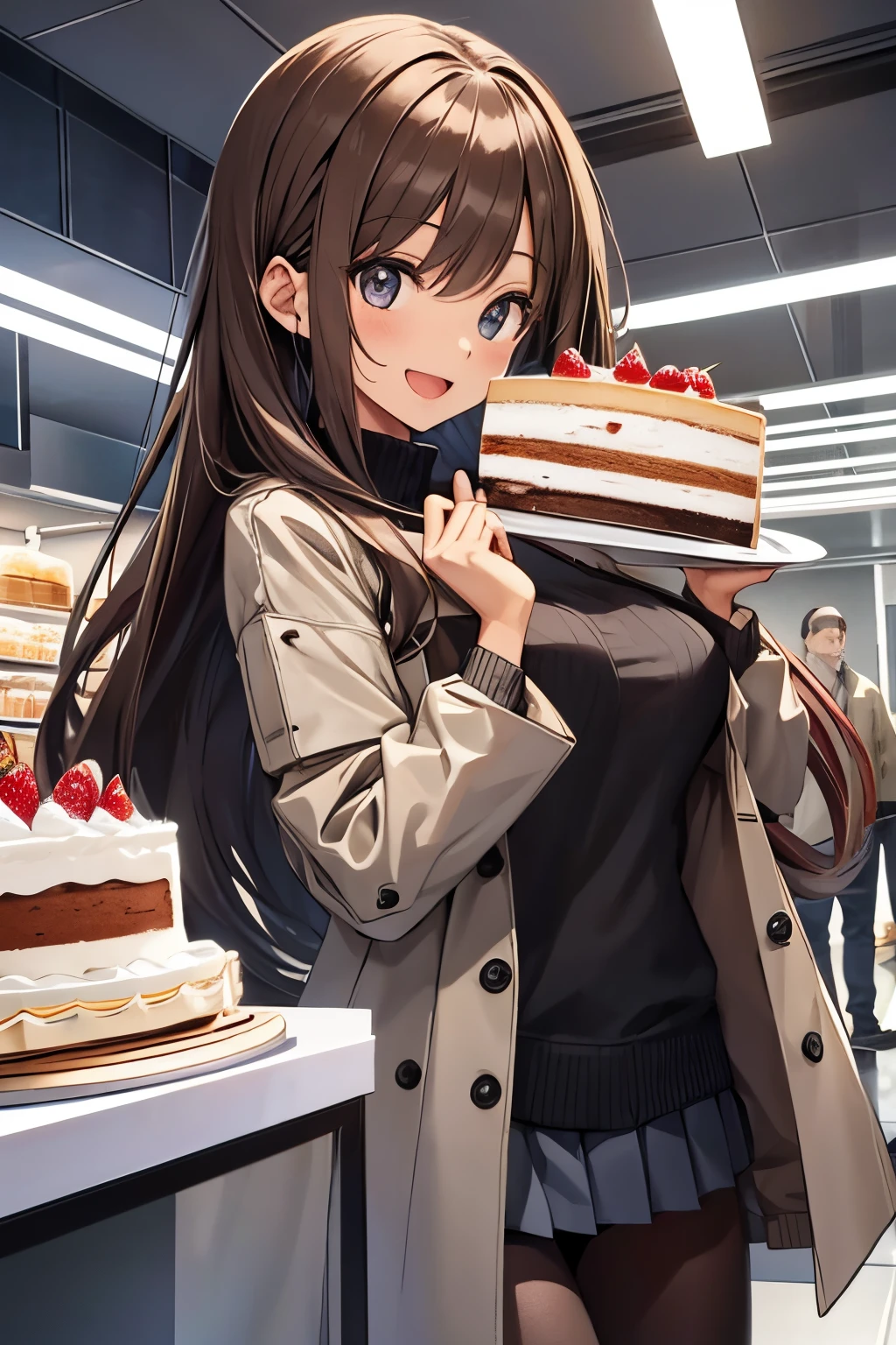(Holding a whole cake with "100" written on it with both hands:1.3), (masterpiece), (best quality), high resolution, ultra detail, photorealistic, 8K, intricate face, detailed body, detailed face, cute,
BREAK
1girl, , cute girl, middle breasts, narrow waist, athletic bodies, long hair, brown hair
BREAK
gray boa coat, leather mini skirt, gray tights, home party, smile, open mouth,
