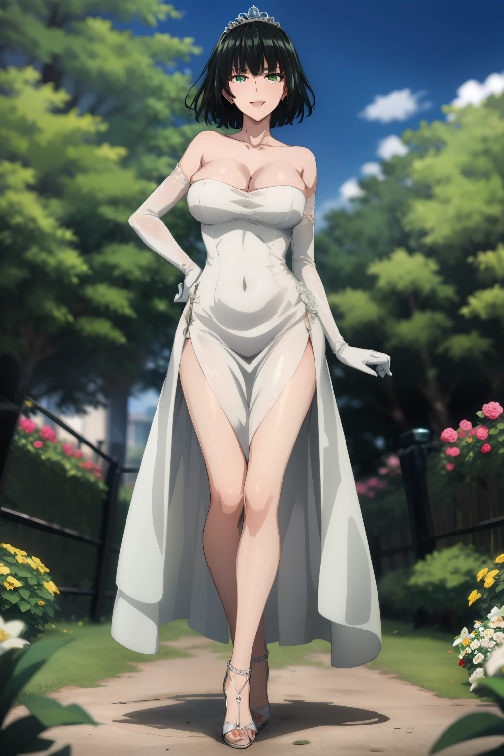 masterpiece, mommy, best quality, highres, aarurutie,1girl, wedding dress, white dress,tiara, bridal veil, necklace, cleavage, strapless dress, white dress, white gloves, elbow gloves standing, garden, smile, open mouth,  short dark green hair, curly hair, green eyes, full body shot