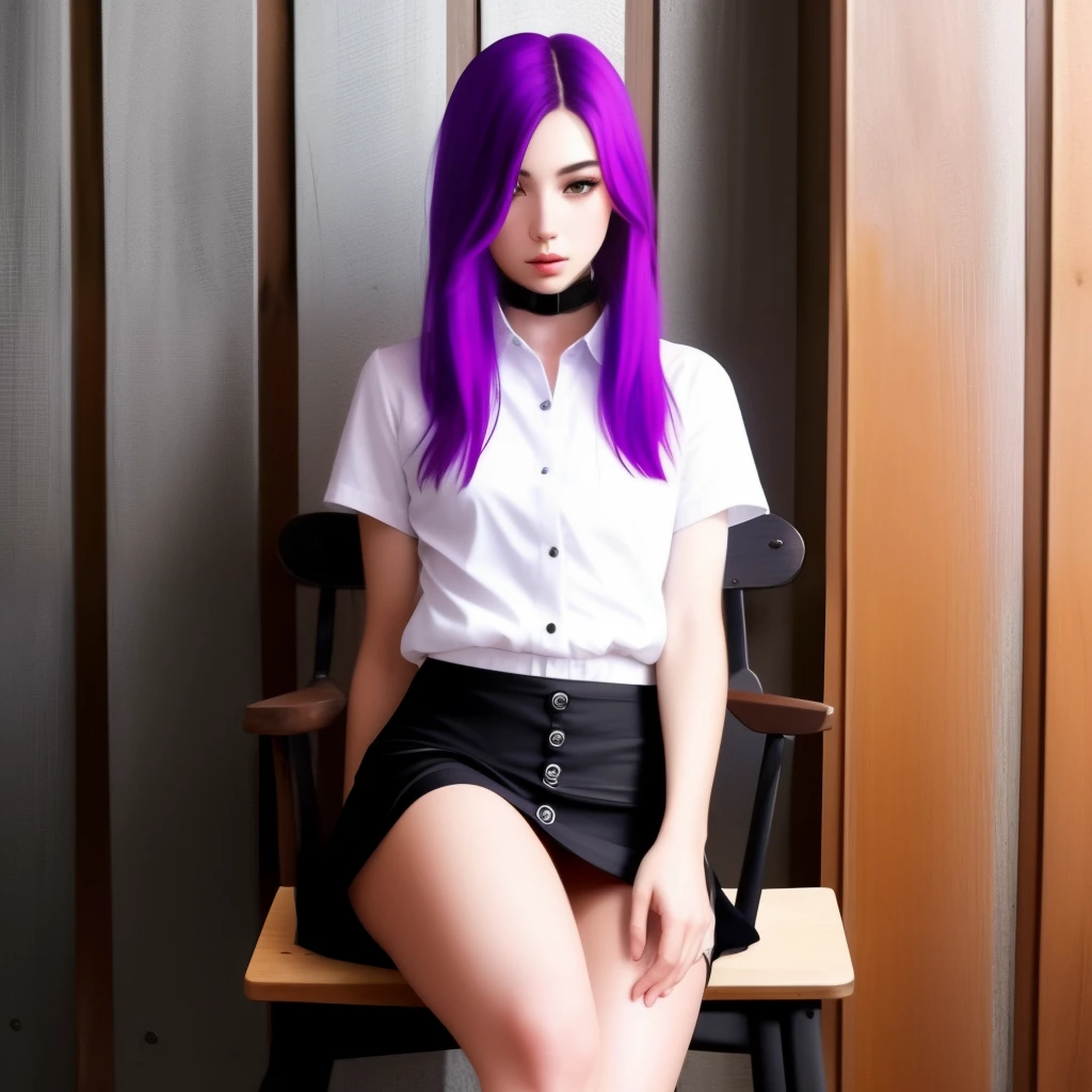 I want a -yeld gicharacter with long black and white hair, a beautiful face, purple eyes, wearing a very short white shirt and a very short skirt with very long socks. I want her to be tied tightly to a wooden chair and to be gagged.