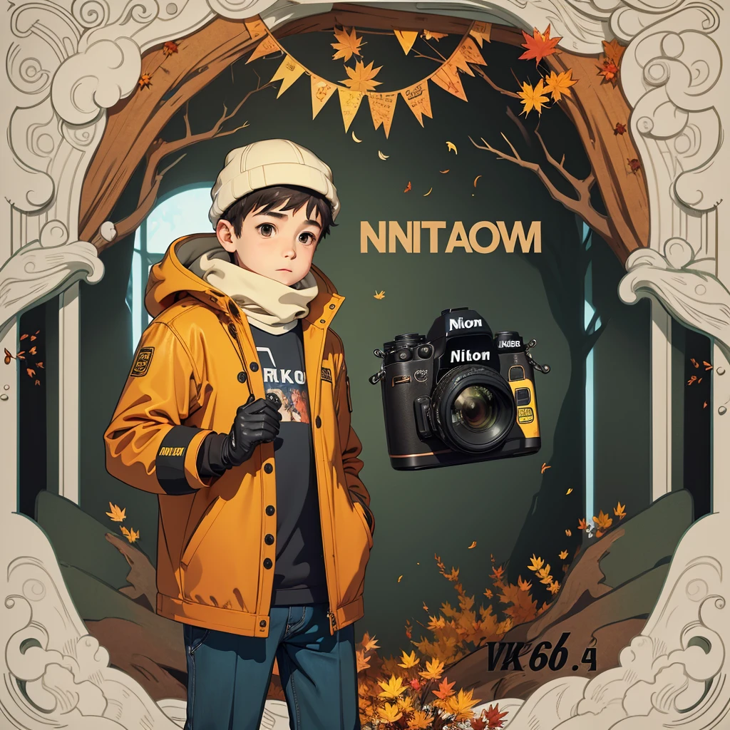A boy in autumn clothes holds a Nikon camera in his hand，poster for，60 years old face%，Autumn，Cartoonish