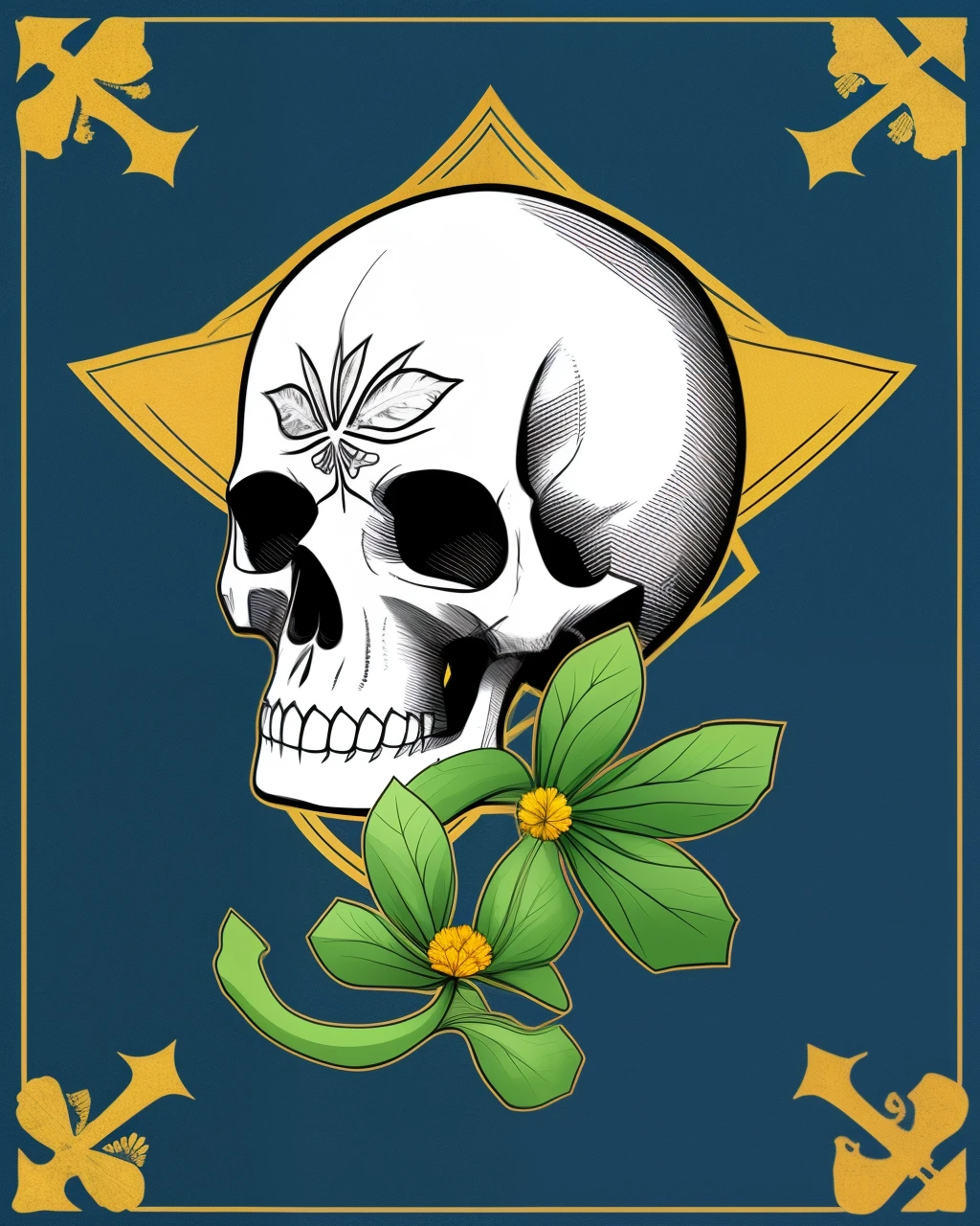 Flag with a pirate skull with four-leaf clovers and a hat with gold accents