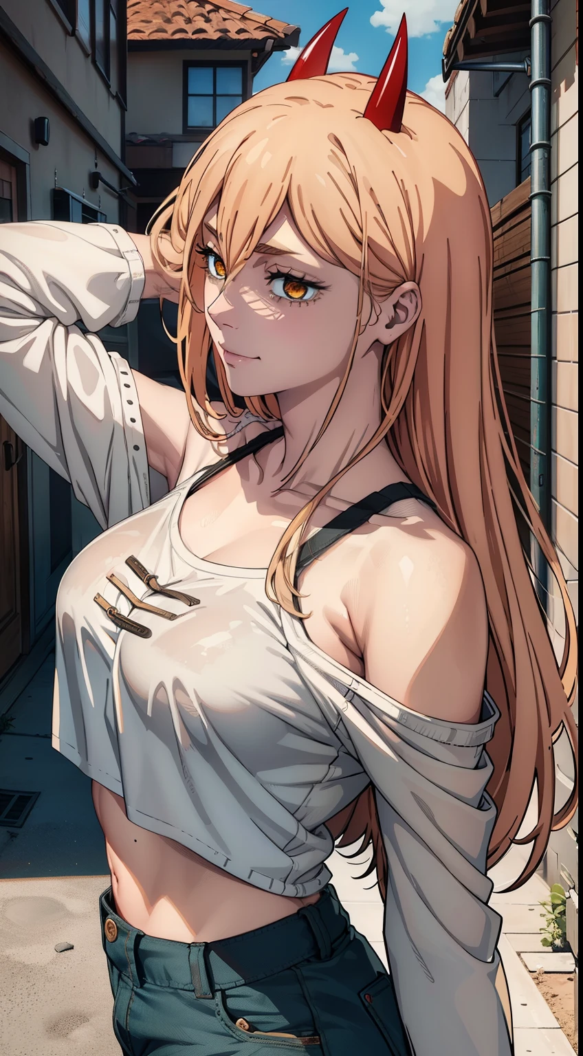 Masterpiece, Highly detailed, Best Quality, extra high resolution, 1girl, Horns, hairlong, looking a viewer, Average Breasts,, En plein air, power (chainsaw man), Day,  blusher, Smile, blue jacket, pants, horns demon, Yellow eyes, cross-shaped pupils, Shirt, Hair between the eyes, Black pants, (off-the-shoulder:1.3), (partially_unbuttoned:1.2), White shirt Ultra transparent, Chainsaw Man Energy, Two red sharp horns on the head, ultra sharp image, Ultra Beautiful, little chest. hairlong, blonde woman, Beautiful figure, taut clothes, T-shirt with the image of a cat, jean shorts, Shoes, bright yellow eyes, Red crosses and circles instead of pupils, handsome body, sexy clothes, Beautiful eyes, very detailed eyes, Very detailed face, handsome body, Cherecter Desing, Very detailed, Detailed body, Detailed hands, Detailed, Vibrants, Detailed Face, sharp-focus, WLOP, artgerm, anime art, Vibrants, Detailed Face, Hugh Details, sharp-focus, Very drooping face, A detailed eye, super fine illustration, better shadow, finely detail, Beautiful detail