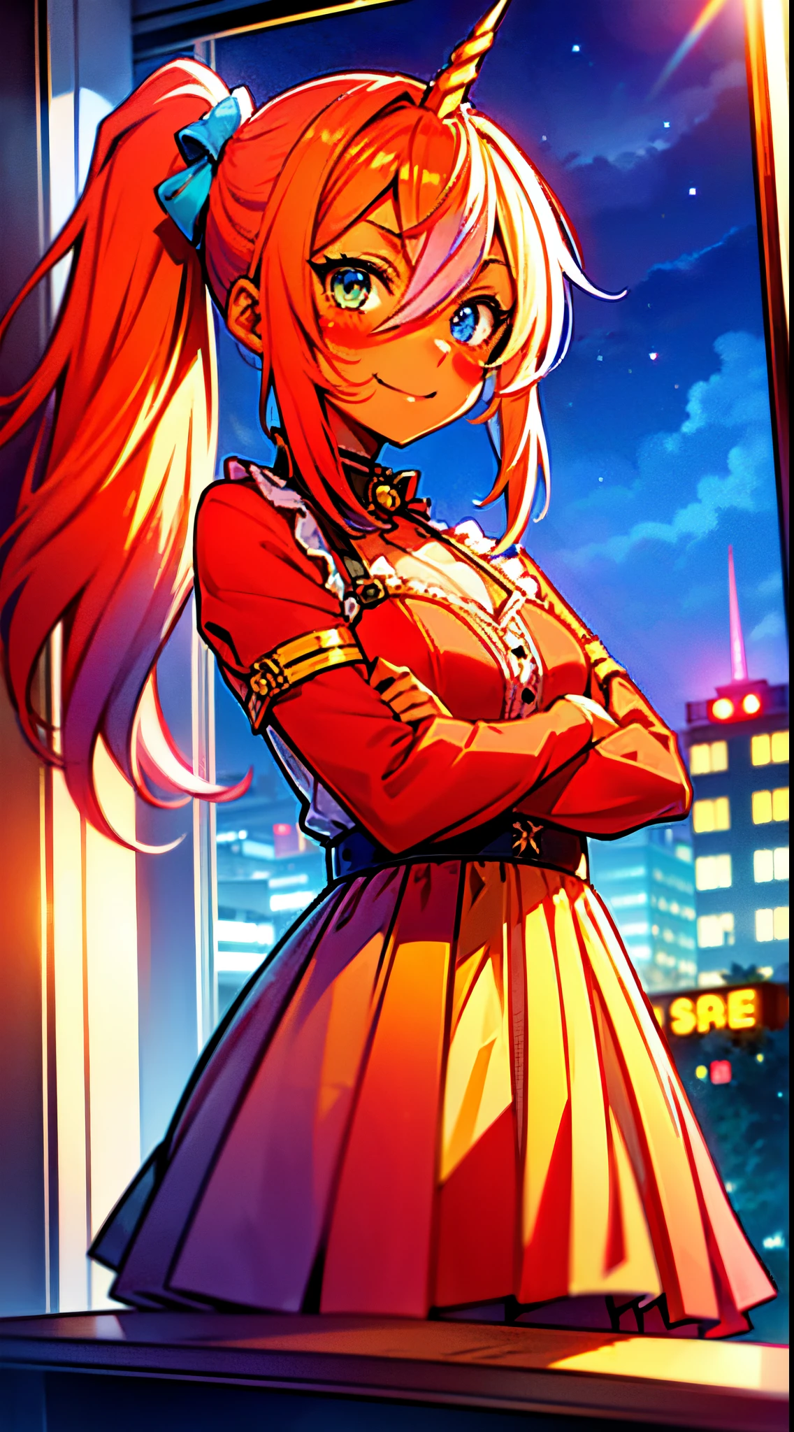(masutepiece), of the highest quality, Expressive eyes, Perfect face, (Illustration: 1.4),
(Red skin: 1.6), (Unicorn loli with one yellow horn: 1.5, 14 years old: 1.3), (Very long red side ponytail: 1.2, Orange inner hair), (Medium chest: 1.3), (drooping eyes: 1.5, Heterochromia: 1.2, Yellow eyes, Blue eyes), (embarrassed, smile), (frilled dress), stylish pose, Dynamic Angle, Night, hotel room, from below:1.2