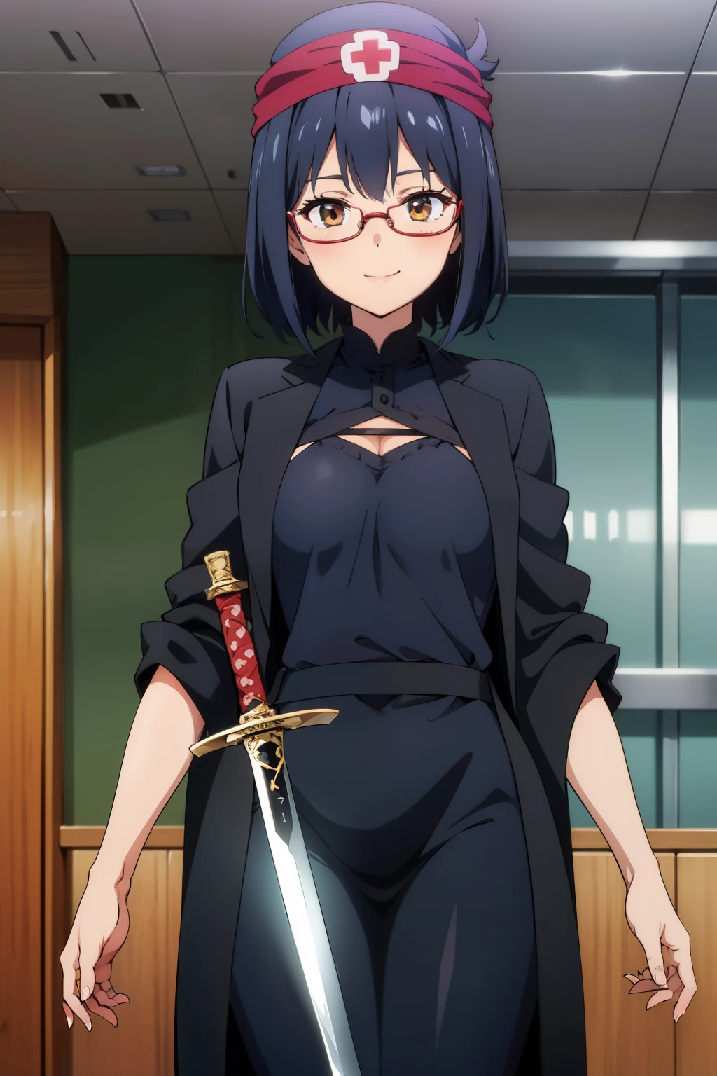 Cute girl, short hair,Wonderful smile, black turban, long black abaya, medical glasses, sword,