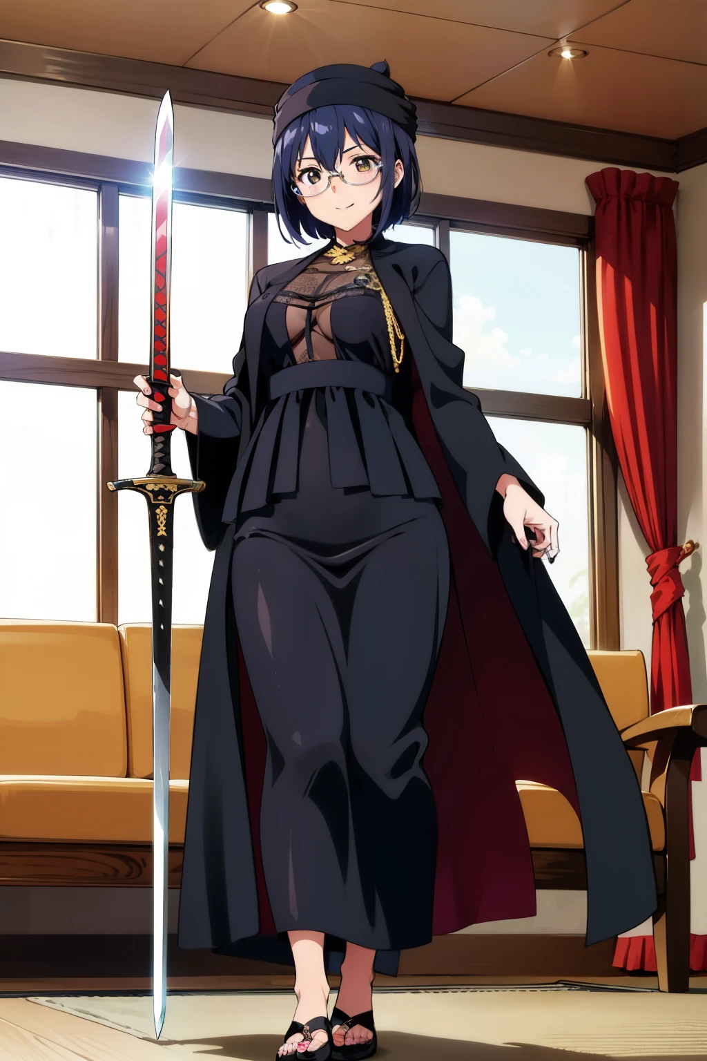 Cute girl, short hair,Wonderful smile, black turban, long black abaya, medical glasses, sword,