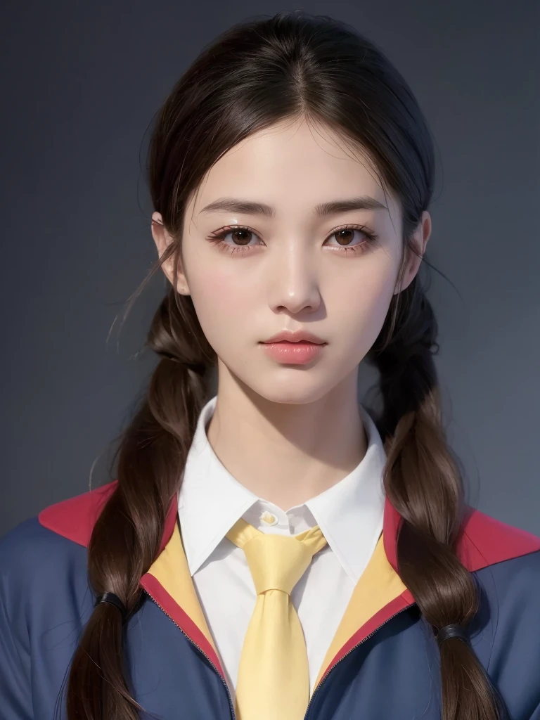 There was a woman,Wearing a yellow tie,wearing blue jacket, A surreal schoolgirl, inspired by Yanjun Cheng, hyper realistic schoolgirl, Nam Jae-yeon, yanjun chengt, Portrait of a Korean female idol, actual. cheng yi, kpop idol portrait, by Yanjun Cheng, Inspired by Kim Chung Hee, Young and cute Korean face, realistic school girl