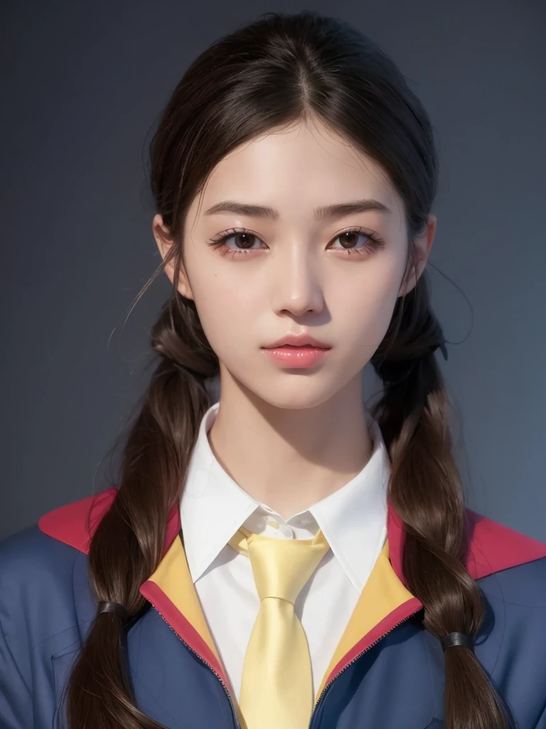 There was a woman，Wearing a yellow tie，wearing blue jacket, A surreal schoolgirl, inspired by Yanjun Cheng, hyper realistic schoolgirl, Nam Jae-yeon, yanjun chengt, Portrait of a Korean female idol, actual. cheng yi, kpop idol portrait, by Yanjun Cheng, Inspired by Kim Chung Hee, Young and cute Korean face, realistic school girl