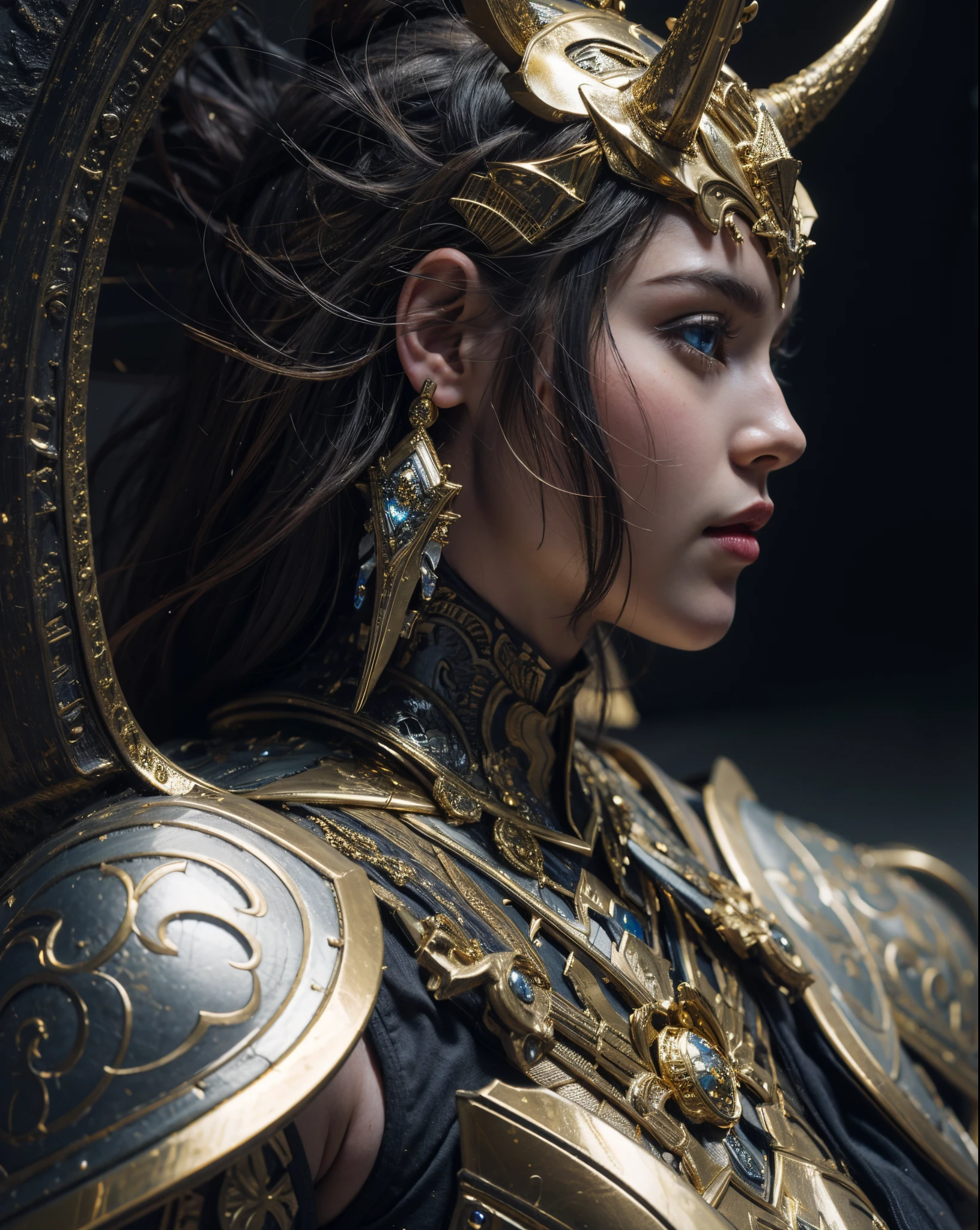 Beautiful girl in gold armor and horns on her head., blue eyes, Girl in Knight Armor, A very detailed portrait., 8k, UHD,