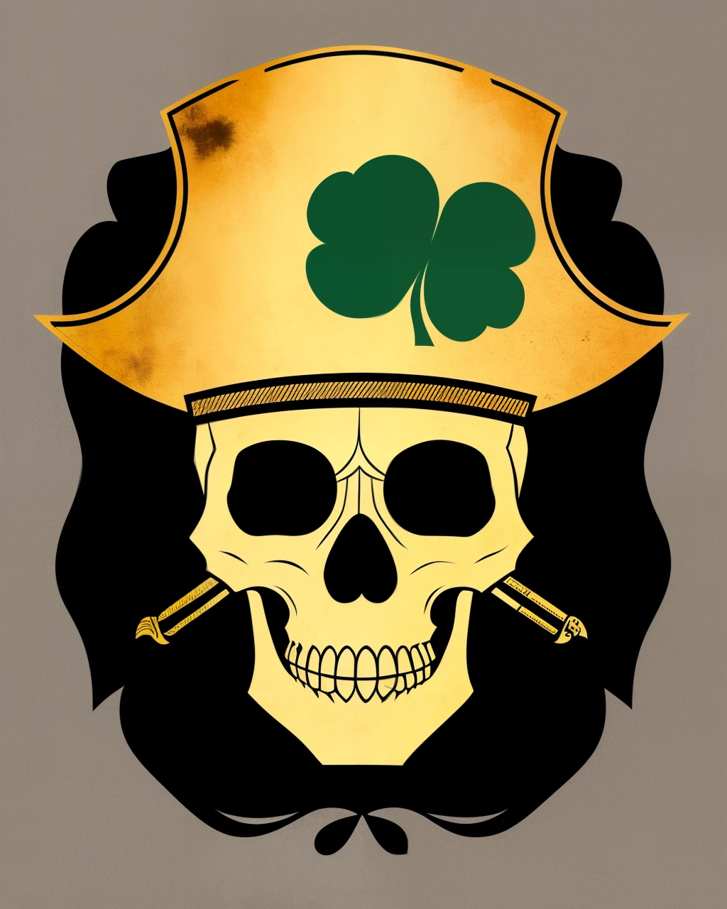 Flag with a pirate skull with four-leaf clovers and a hat with gold accents