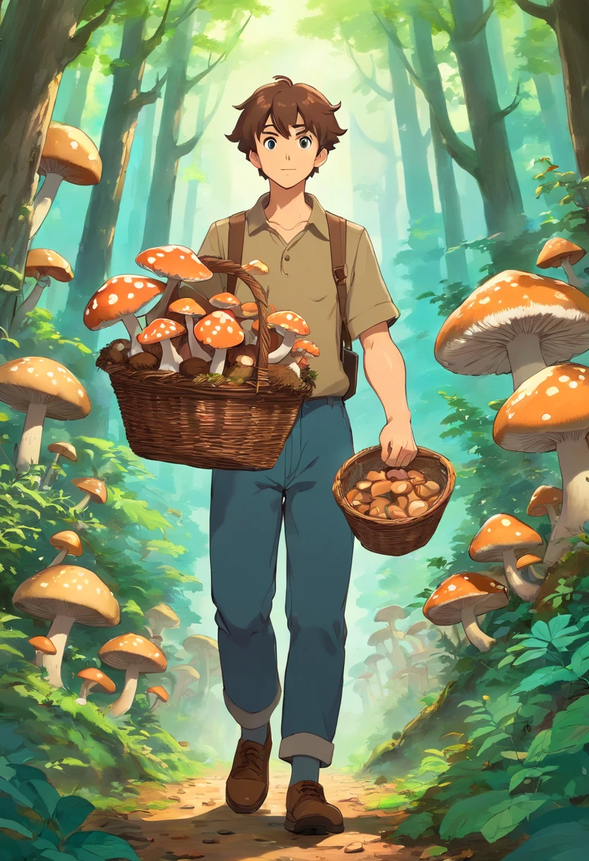 arafed man holding a basket of brown mushrooms in a forest, mycologist, brown mushroom on trees, kyle mclaughlin, ben watts, jeremy elbertson, made of mushrooms, mushroom city, mushroom forest, shrooms, chris mcgrath, brett goldstein, 30 year old man