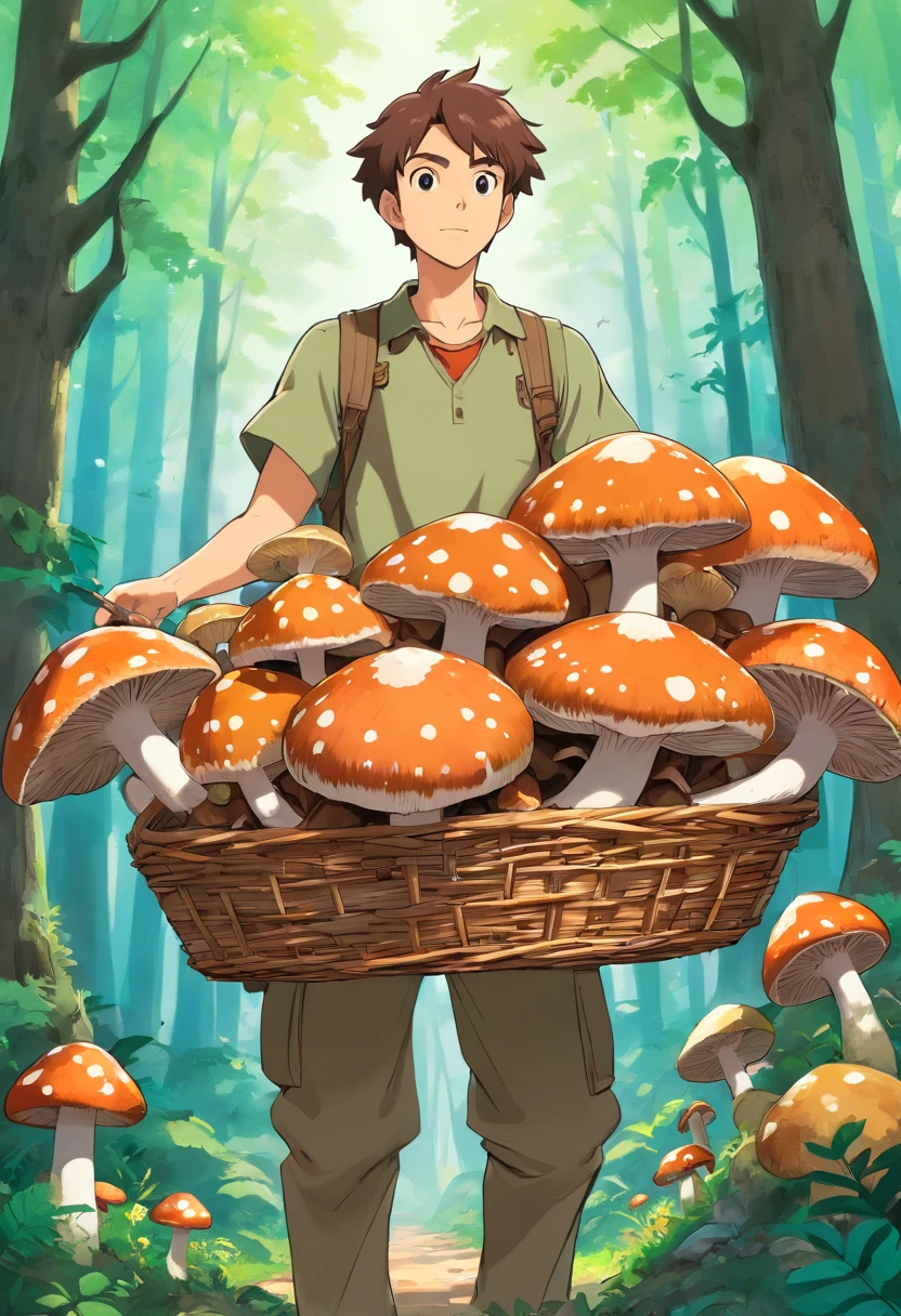 arafed man holding a basket of brown mushrooms in a forest, mycologist, brown mushroom on trees, kyle mclaughlin, ben watts, jeremy elbertson, made of mushrooms, mushroom city, mushroom forest, shrooms, chris mcgrath, brett goldstein, 30 year old man