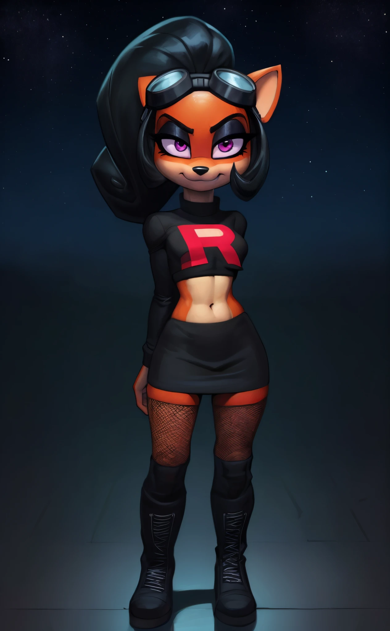 [Evil Coco bandicoot], [Uploaded to e621.net; (Pixelsketcher), (wamudraws)], ((masterpiece)), ((high quality)), ((HD)), ((solo portrait)), ((full body)), ((POV)), ((front view)), ((furry; anthro)), ((detailed fur)), ((detailed shading)), ((beautiful render art)), ((intricate details)), {anthro; red fur, black nose, (cute purple eyes), (black eyeshadow), (long eyelashes), black curly hair, curly ponytail, (small boobs), (beautiful legs), (blushing), (smug smirk)}, {(team rocket uniform), (black shirt), (red letter R on shirt), (midriff), (long sleeves), (black pencil skirt), (fishnet leggings), (goggles on head), (black thigh-high boots)}, {(standing), (looking at viewer)}, [background; (tropical forest), (nighttime), (starry sky), (purple smartphone)]