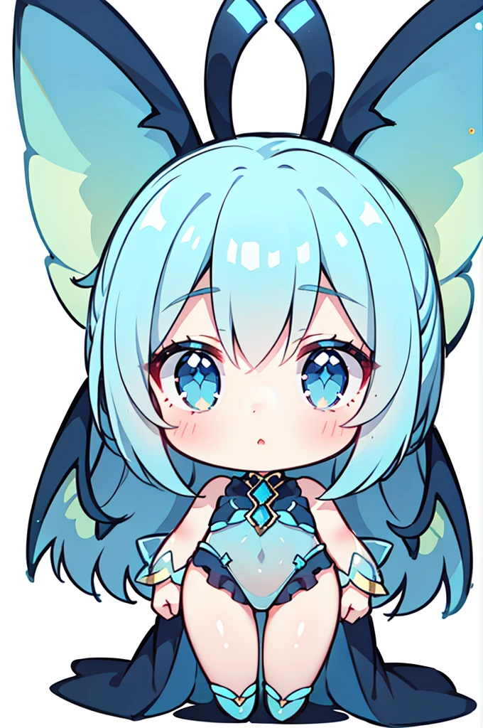 (full body Esbian)、sideways Facing、Best AI Image Generation Creator、Good anatomy,Skin Texture、Beautiful, Minimalistic colors, fascinating and elegant,Glowing light, Transparent(1girl in),fairy wings, Blue hair, Translucent blue outfit, White background、kirakira