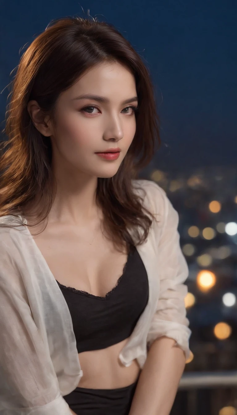 asian woman with long dark hair posing for a picture on rooftop, nighttime, gorgeous young korean instagram model, (black lingerie), cleavage, 8k photograph, windy night