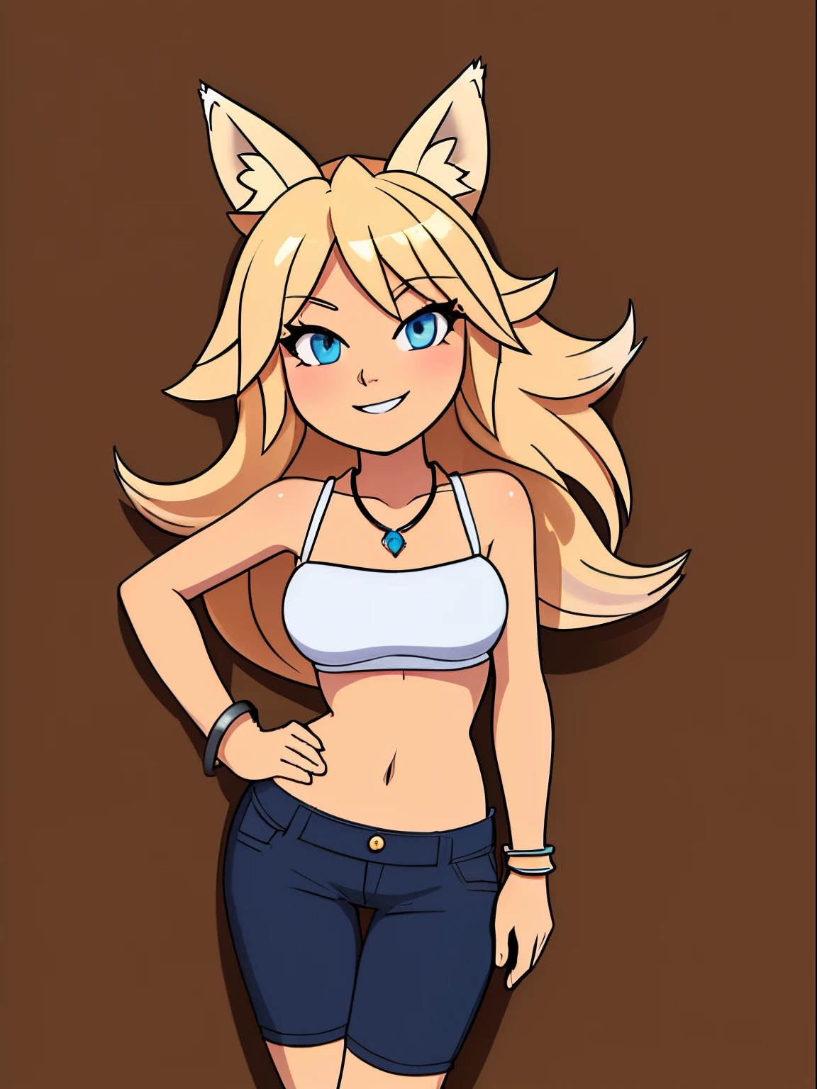 Blonde hair, blue eyes, 1girl, medium breasts, jewelry, long hair, necklace, solo, hair ornament, cleavage, sidelocks, bare shoulders, cloudy night, (dirty blond Fox ears:1.25), revealing clothes, crop top armor, short shorts armor, hair clip, looking at viewer, (action shot, lying down: 1.25) (narrow hips & waist), simple background, dark forest, creek, bracelet, mischievous face, shy smile,