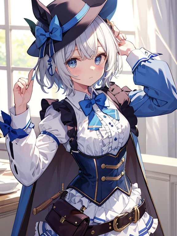 masterpiece, best quality, matikanetannhauser \(umamusume\), upper body, cabbie hat, blue headwear, blue bowtie, cape, white shirt, collared shirt, shoulder cutout, puffy long sleeves, center frills, corset, belt pouch, belt