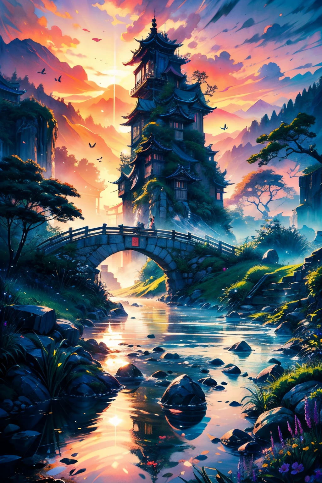 (best quality,4k,8k,highres,masterpiece:1.2),ultra-detailed,(realistic,photorealistic,photo-realistic:1.37),flying sky island, water fall, rainbow, chinese style, natural, colorful, giant water fall, sunset, purple sky, yellow sun, peaceful, serene, tranquil, majestic, ethereal, breathtaking, vibrant, picturesque, mystical, mesmerizing, dreamlike, romantic, awe-inspiring, enchanting, enchanting landscapes, captivating, graceful, soothing, idyllic, hidden oasis, hidden gem, paradise, hidden wonder, divine, mythical, serene beauty, divine beauty, otherworldly, aerial view, panoramic view, surreal, floating, suspended in the air, suspended in the sky, tranquil sea, sparkling water, cascading water, misty, misty water, roaring, powerful, fresh breeze, cool mist, gentle spray, shimmering, sparkling, gentle flow, peaceful flow, a fusion of nature and architecture, a harmonious blend, ornate Chinese architecture, pagoda, rustic wooden bridge, lush greenery, vibrant foliage, blooming flowers, delicate petals, chirping birds, fluttering butterflies, flowing robes, traditional Chinese clothing, tranquil ponds, stone statues, stone lanterns, serene reflection, distant mountains, distant horizon, distant islands, distant skyline, dramatic cliffs, rugged terrain, winding paths, meandering streams, stepping stones, traditional Chinese gardens, Zen garden, bonsai trees, tea house, meditation, tranquility, inner peace, cultural heritage, ancient traditions, rich history, hidden valleys, secluded nooks, golden hour, warm hues, soft sunlight, gentle twilight, magical atmosphere, calm and soothing, artistic masterpiece, poetic beauty, visual poetry, color palette, graceful brushstrokes, poetic composition, vibrant colors, traditional ink painting, watercolor, ink wash painting, naturalistic, asymmetry, simple and elegant, harmonious composition, detailed craftsmanship, symbolic motifs, artistic expression.