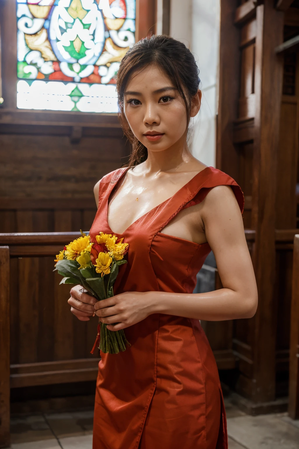 Asian woman with red Thai dress honoring monks at Songkran festival in church, Thai culture on holy day