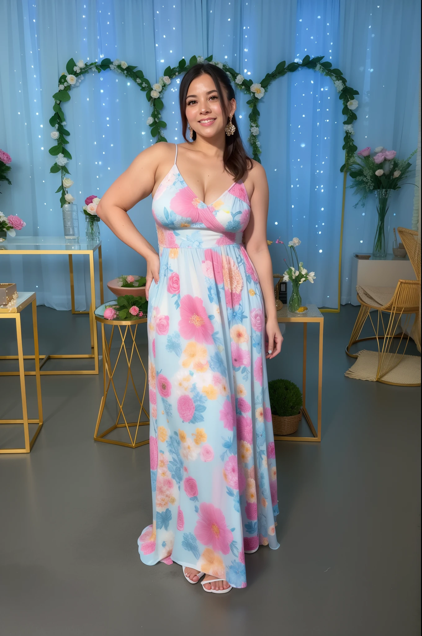 mulher araffe em um vestido floral em frente a uma mesa, usando um longo vestido florido, vestindo chiton floral, vestindo vestido floral rosa, Wearing a flowing dress, vestindo chiton floral rosa, imagem de corpo inteiro, vestido colorido, vestido flor, Flowing dress, linda senhora, vestido florido, wearing a flowing sundress, usando um vestido longo