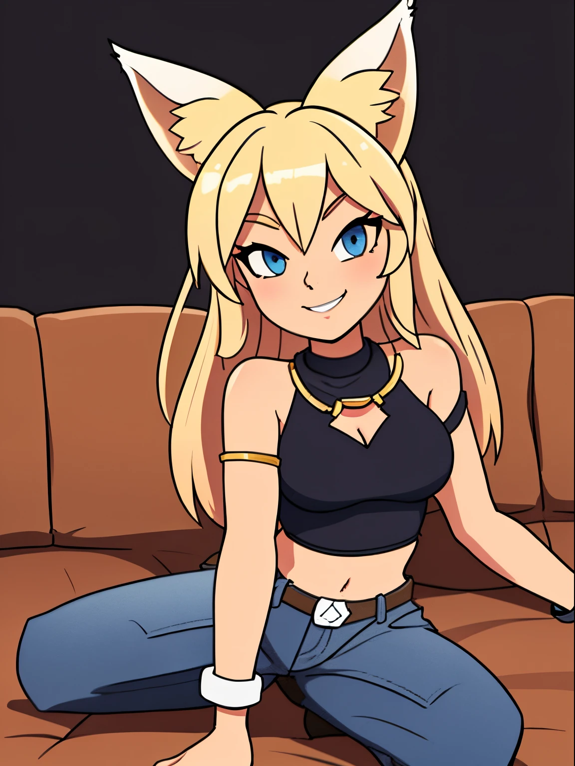 Blonde hair, blue eyes, 1girl, medium breasts, jewelry, long hair, necklace, solo, hair ornament, cleavage, sidelocks, bare shoulders, cloudy night, (dirty blond Fox ears:1.25), revealing clothes, crop top armor, short shorts armor, hair clip, bracelet, looking at viewer, (action shot, lying down on a couch: 1.25) (narrow hips & waist), simple background, mischievous face, shy smile,