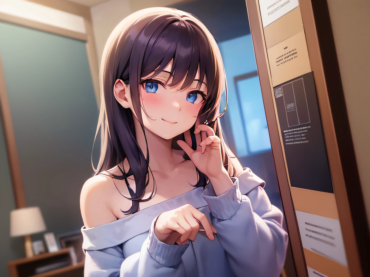 **masterpiece、top-quality、25 year old woman with long blue eyes and light chestnut hair、japanese comic book、White off-shoulder blouse、Hands raised、(A shy and gentle smile:1.3)、(Staring:1.5)、(Close-up of the subject's face:1.3)、The background is the living room of an apartment at night.、Bold composition、Upper body is shown、Alone、**