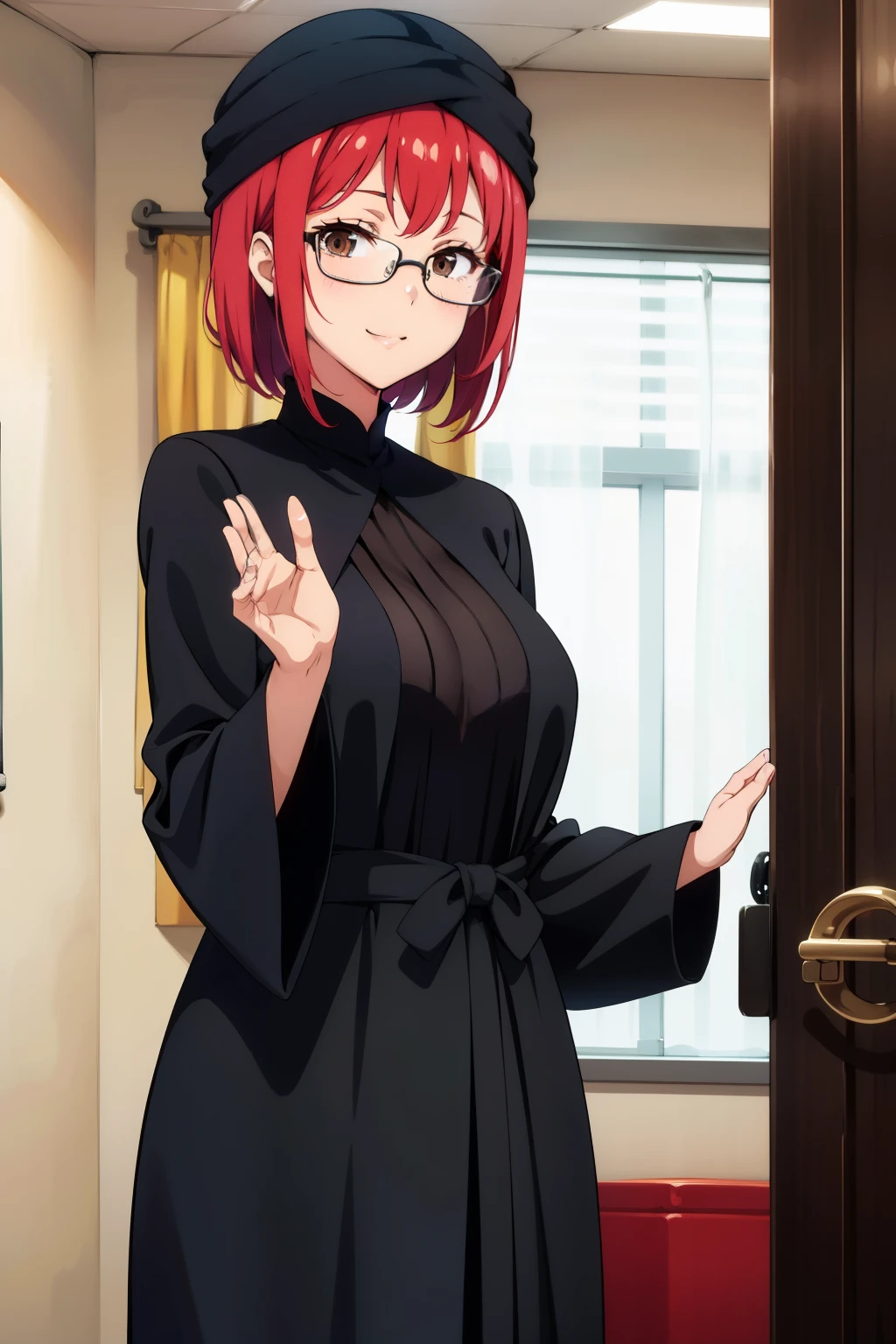 Cute girl, short hair,Wonderful smile, black turban, long black abaya, medical glasses, Big turban, Big black turban,