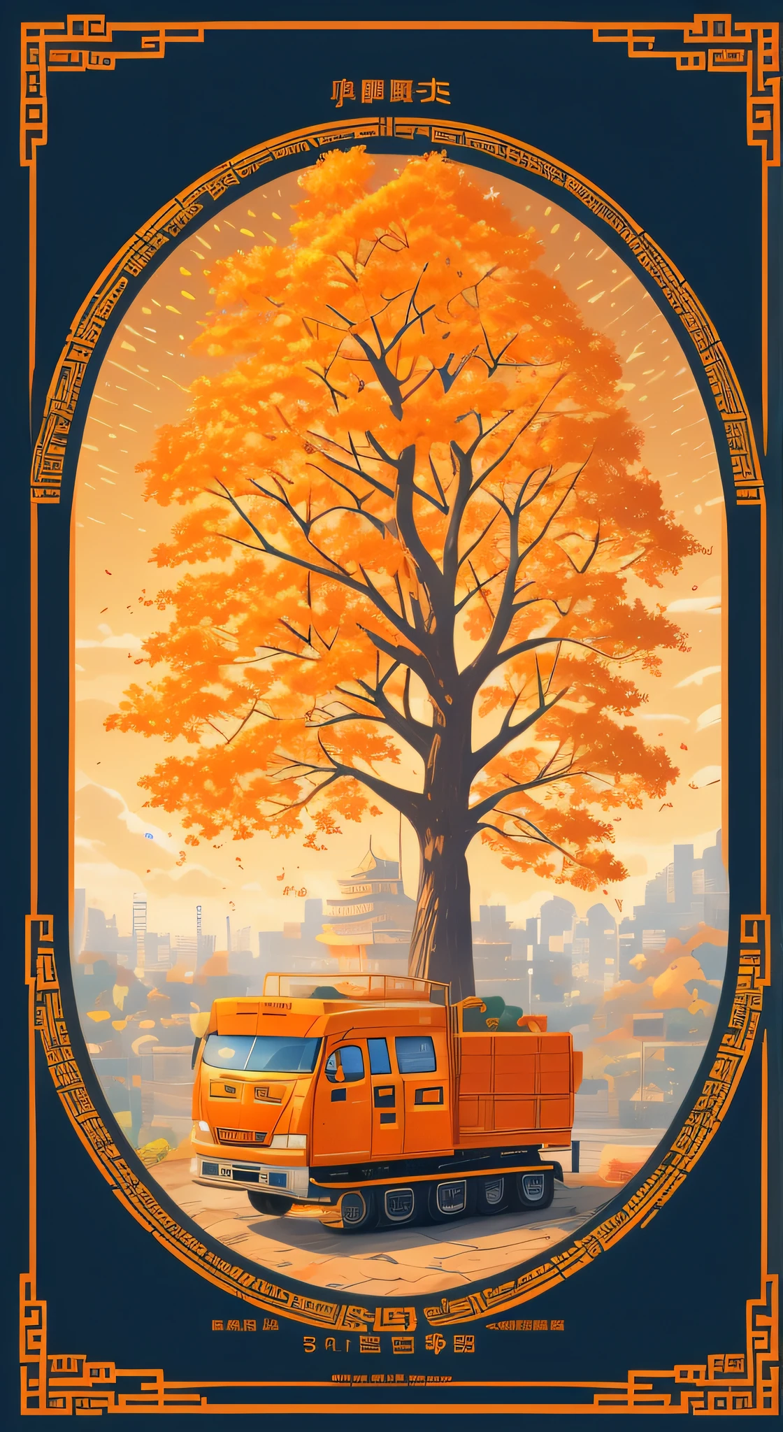 Golden autumn season，orange colors，bumper harvest，&cite;just right&cite; There are Chinese（have expressed，Cartoon mechanical style